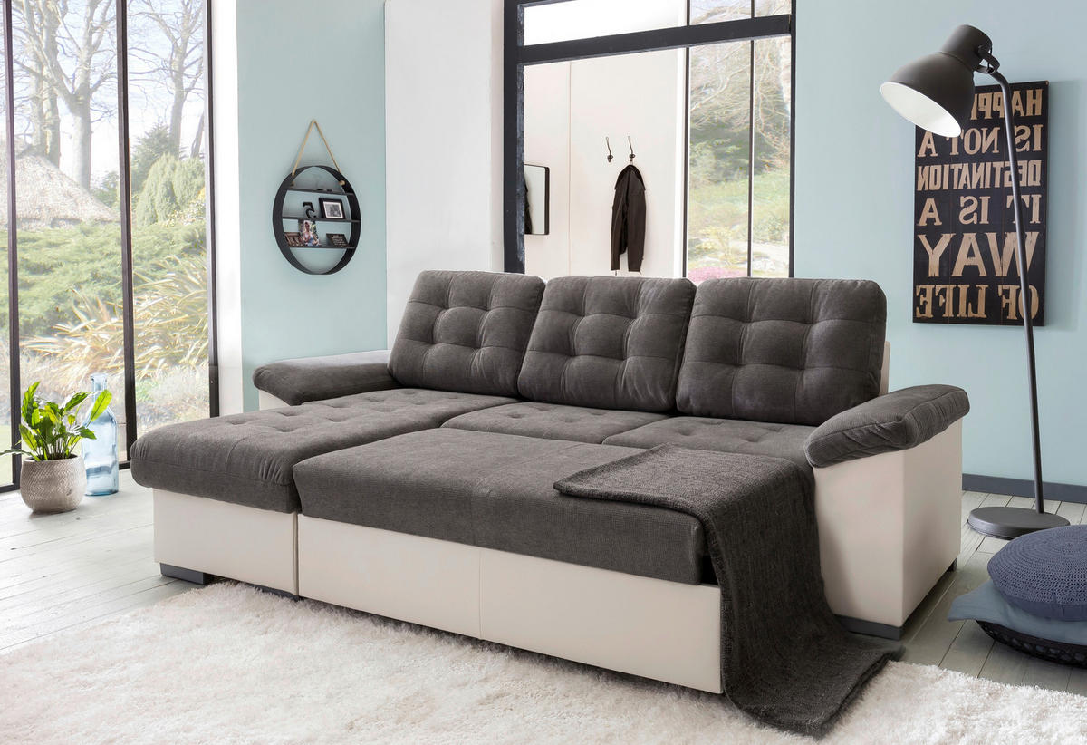 ECKSCHLAFSOFA in Mikrofaser Creme, Dunkelgrau  - Dunkelgrau/Creme, Modern, Kunststoff/Textil (148/232cm) - MID.YOU