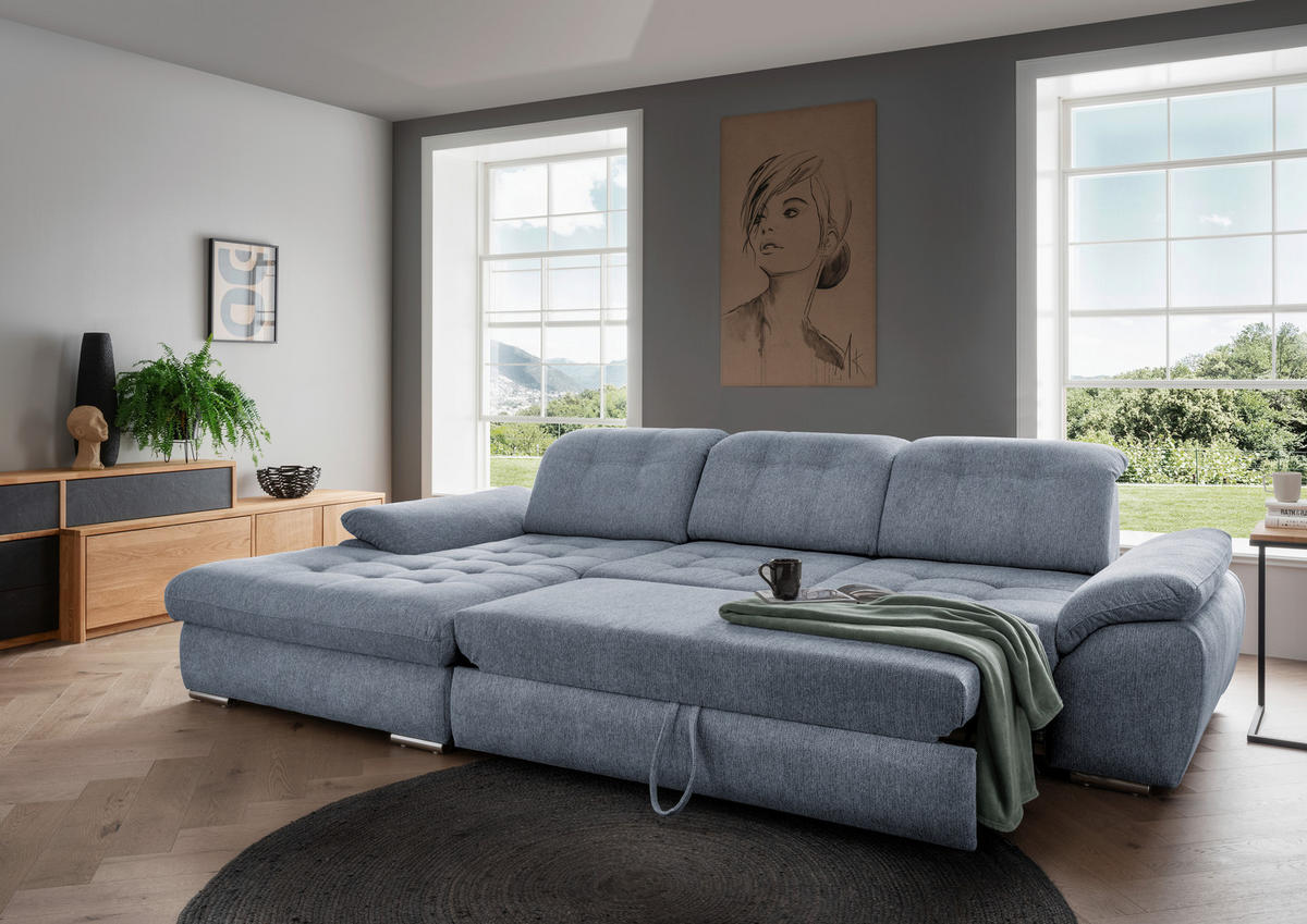 ECKSOFA in Chenille Hellblau  - Chromfarben/Anthrazit, Modern, Textil/Metall (184/314cm) - Livetastic