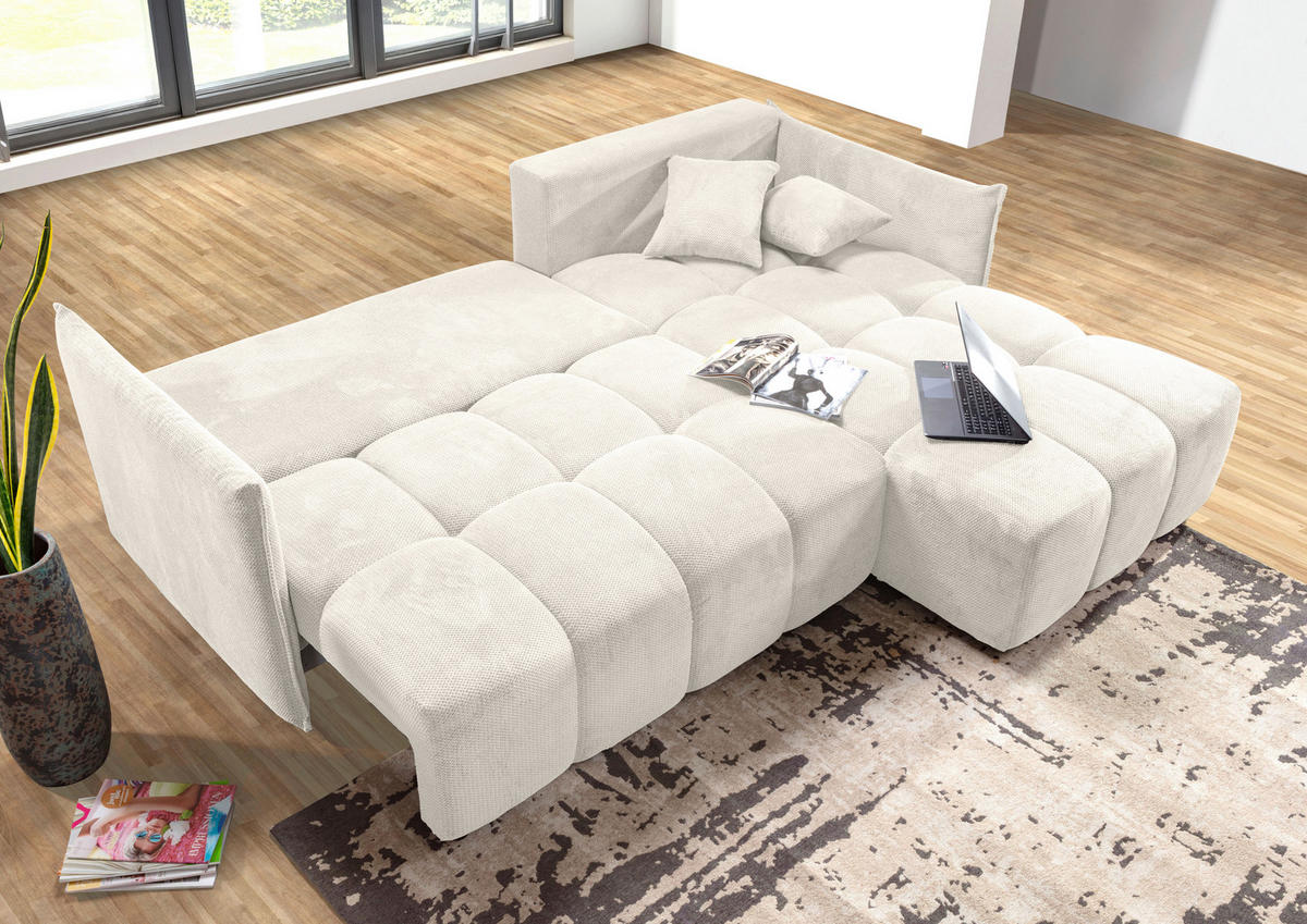 ECKSOFA Creme Plüsch Zierkissen, Rückenkissen, Bettkasten, Schlaffunktion, Rücken echt, Liegefläche im Originalstoff  - Creme/Schwarz, KONVENTIONELL, Kunststoff/Textil (253/192cm) - Carryhome