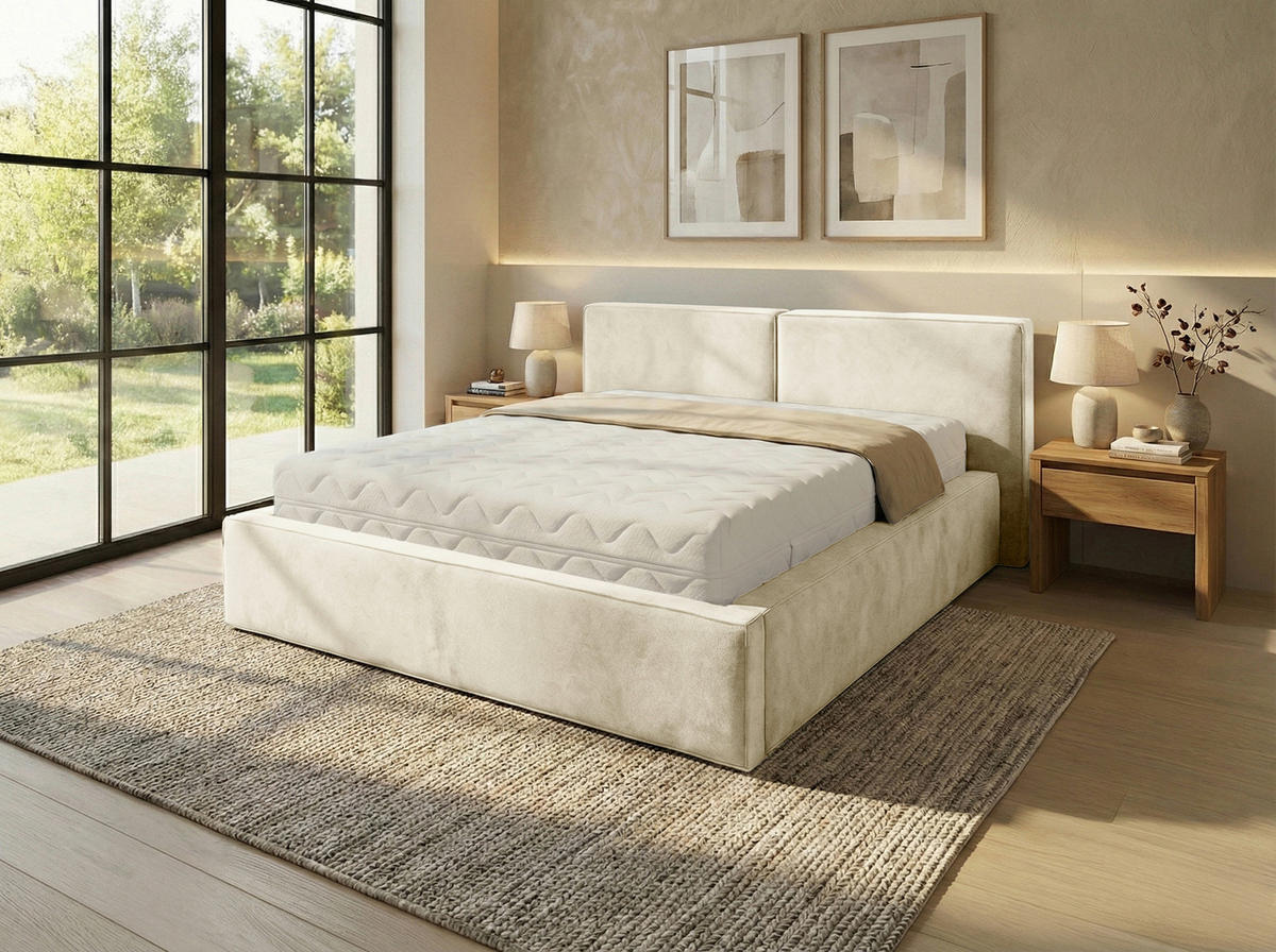 POLSTERBETT 180/200 cm,  in Beige, gepolstertes Kopfteil, Lattenrost, Bettkasten,  - Beige/Schwarz, MODERN, Holz/Kunststoff (180/200cm) - Chameo