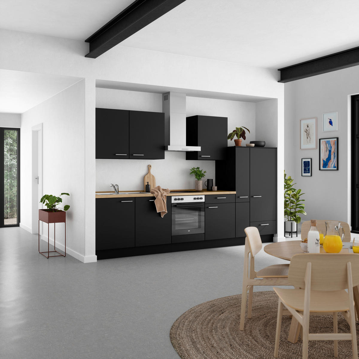 KÜCHENLEERBLOCK 330 cm   in Schwarz, Eichefarben  - Edelstahlfarben/Eichefarben, MODERN, Holzwerkstoff/Metall (330cm) - Nobilia