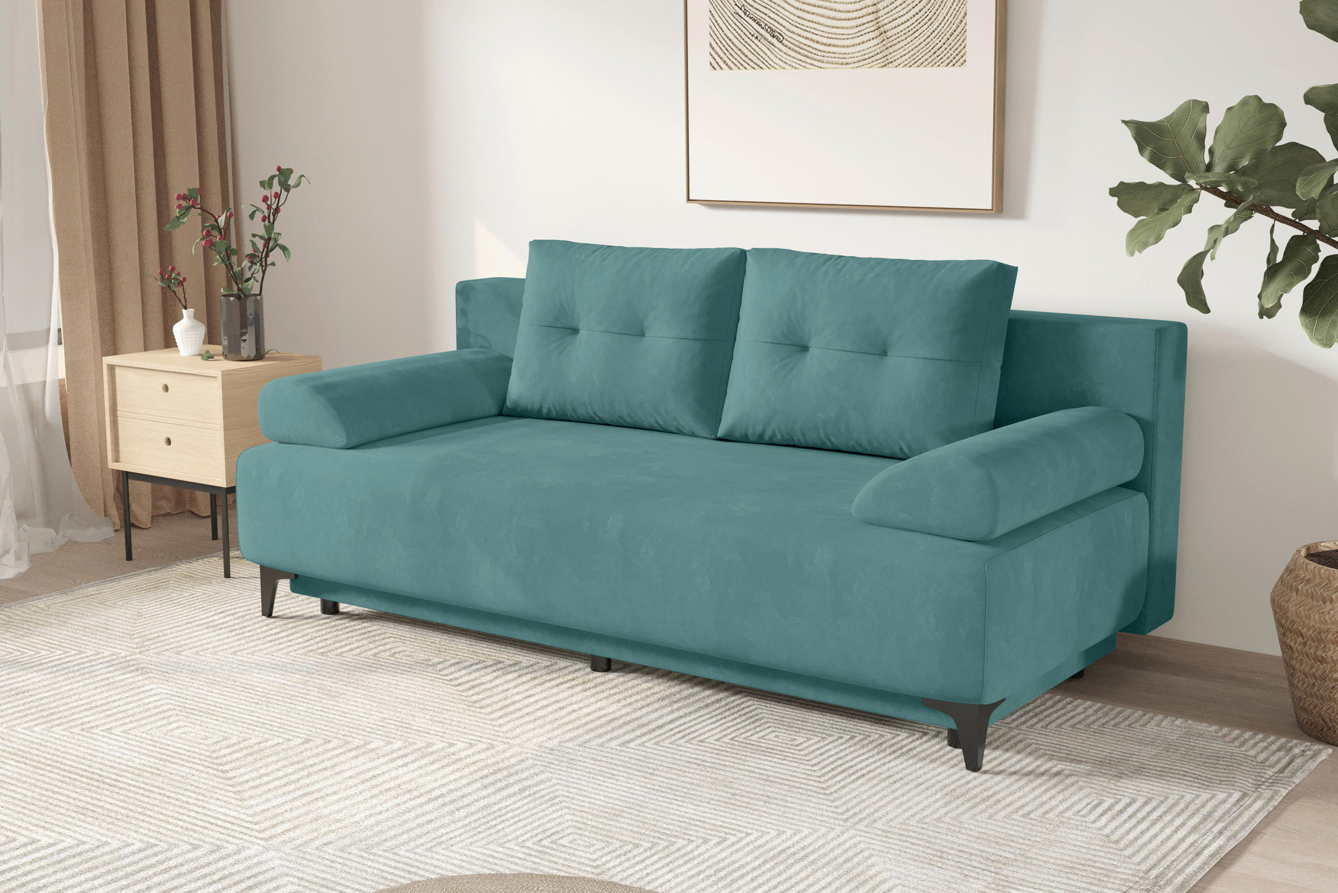 SCHLAFSOFA  mit Liegefunktion Velours Türkis  - Türkis/Schwarz, KONVENTIONELL, Textil/Metall (200/98/90cm) - Carryhome