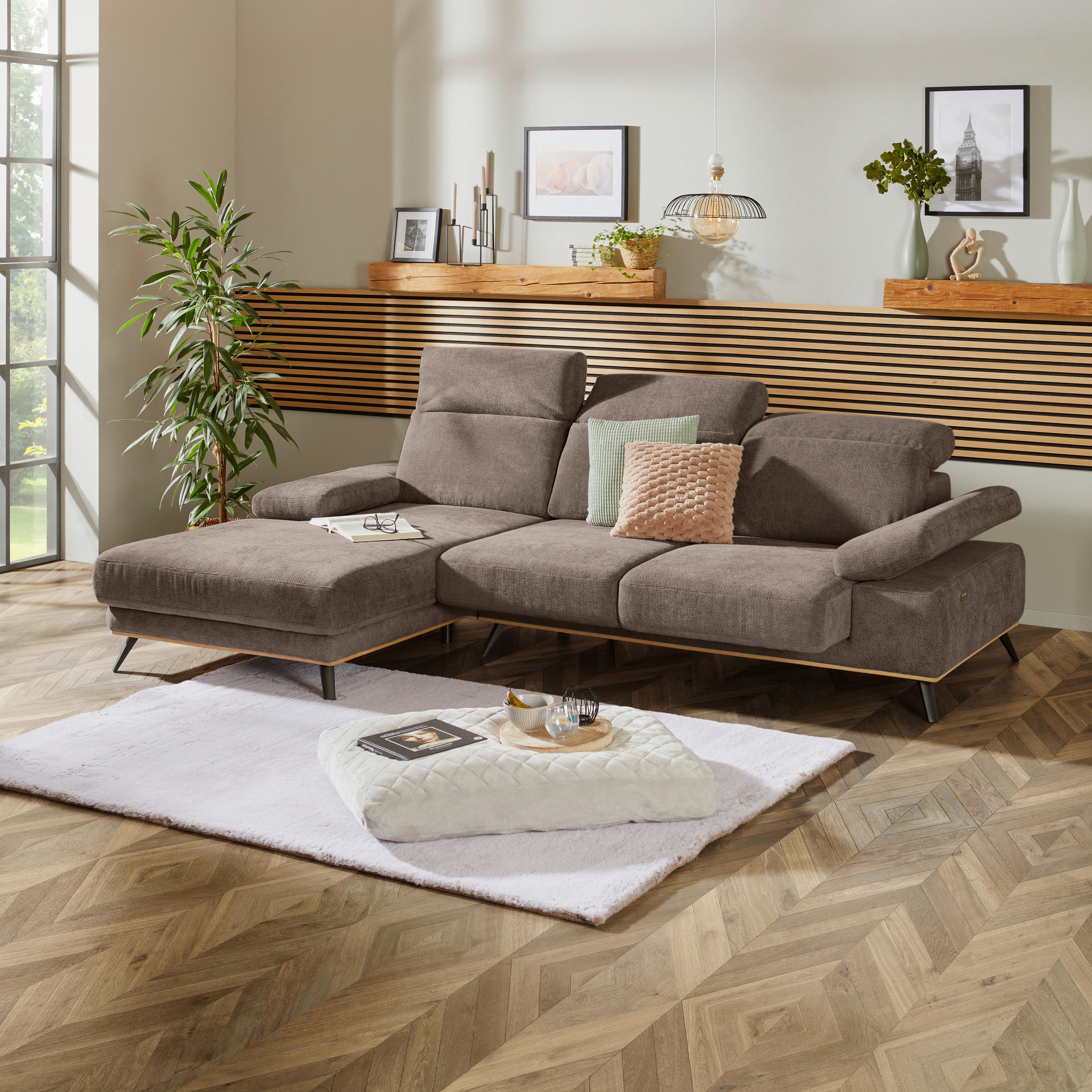 ECKSOFA ROYCE Schlammfarben Struktur  - Schlammfarben/Schwarz, MODERN, Textil/Metall (194/283cm) - MID.YOU