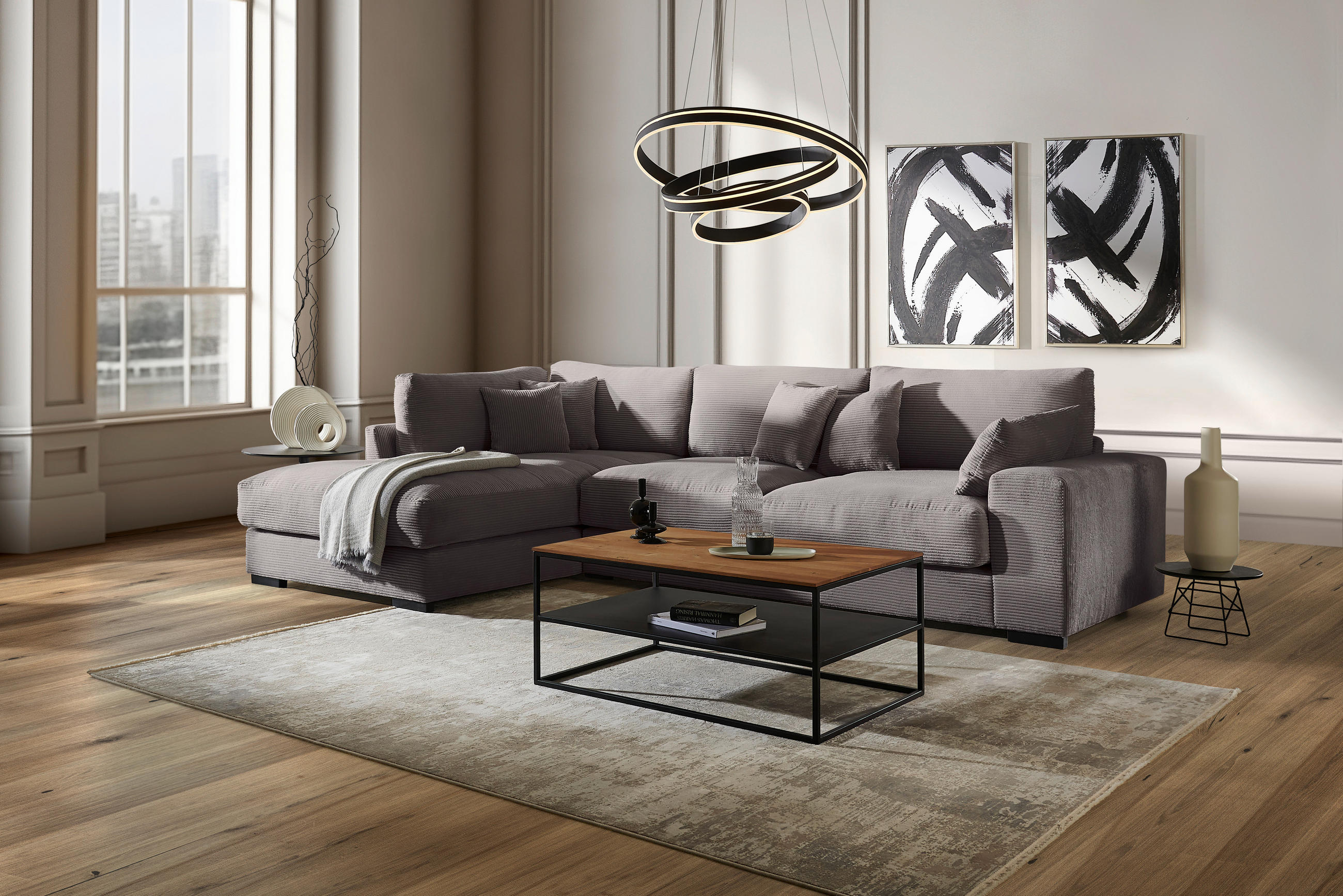 ECKSOFA in Cord Dunkelgrau  - Dunkelgrau/Schwarz, Design, Kunststoff/Textil (205/340cm) - Lomoco