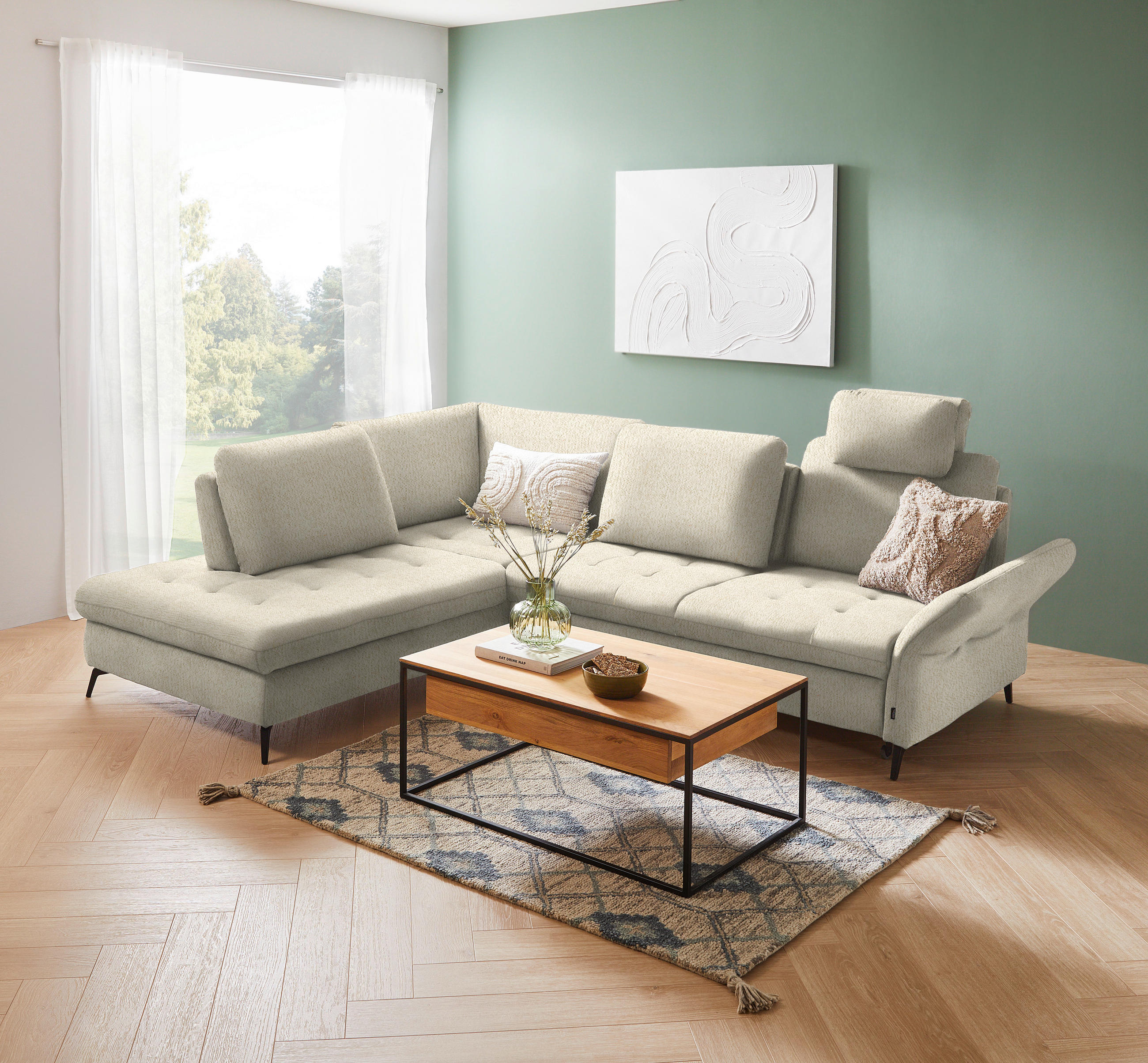ECKSOFA in Struktur Creme  - Creme/Schwarz, Natur, Textil/Metall (233/288cm) - Valnatura