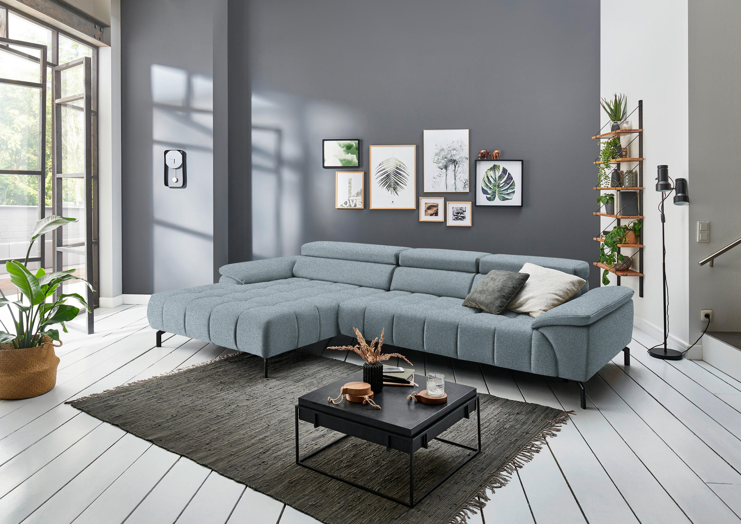 ECKSOFA in Webstoff Türkis  - Türkis/Schwarz, Design, Textil/Metall (190/329cm) - Beldomo Style