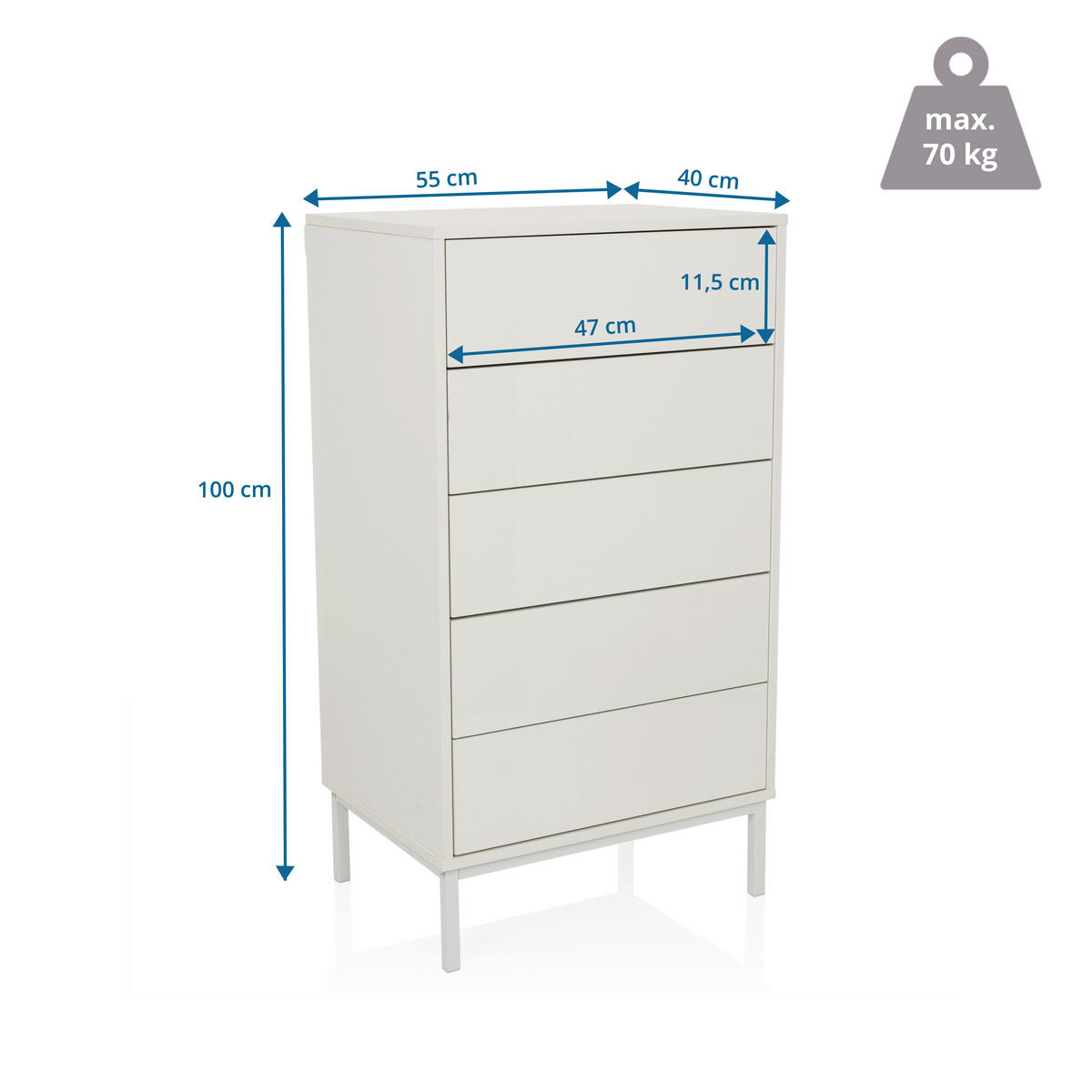 KOMMODE , 55/100/40 cm, 5 Schublade(n)  - Weiß, MODERN, Holzwerkstoff/Metall (55/100/40cm) - MID.YOU