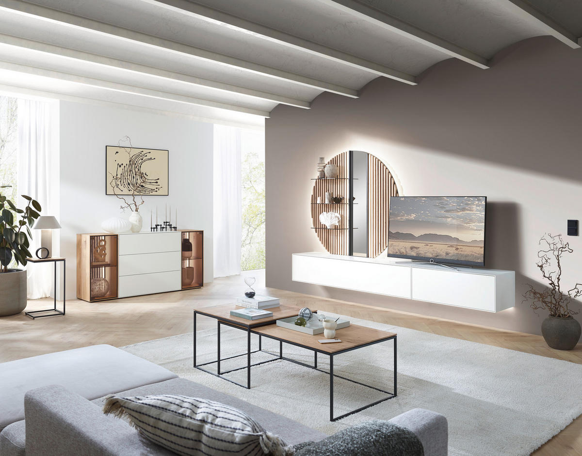 WOHNWAND  in Weiß, Eichefarben  288/206/44 cm  - Eichefarben/Weiß, Design, Glas/Holz (288/206/44cm) - Johann Jakob