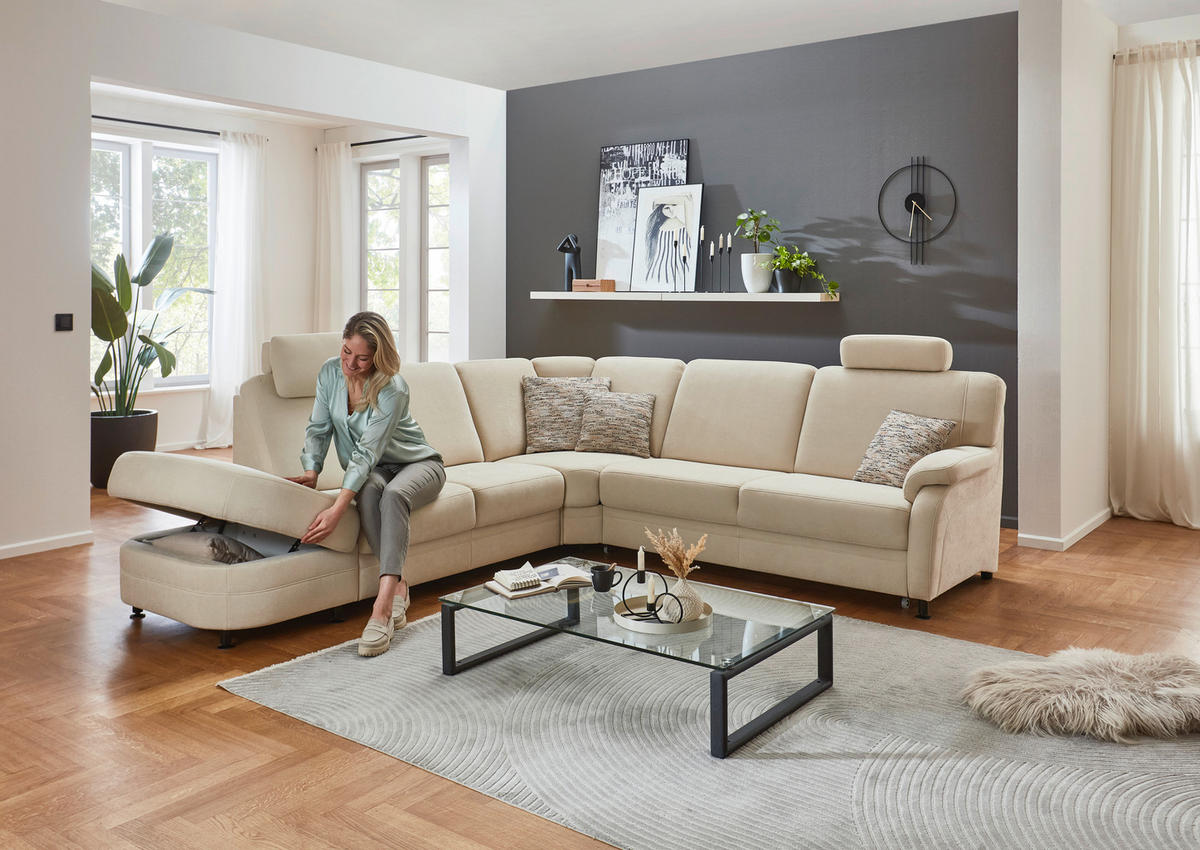 ECKSOFA in Flachgewebe Beige  - Beige/Schwarz, Konventionell, Textil/Metall (287/269cm) - Beldomo System