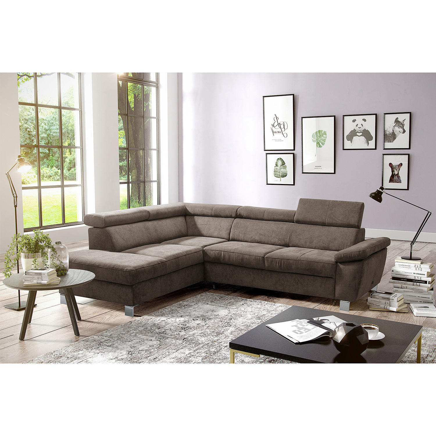 ECKSOFA Dunkelbraun Mikrofaser  - Chromfarben/Dunkelbraun, Design, Textil/Metall (208/248cm) - Livetastic