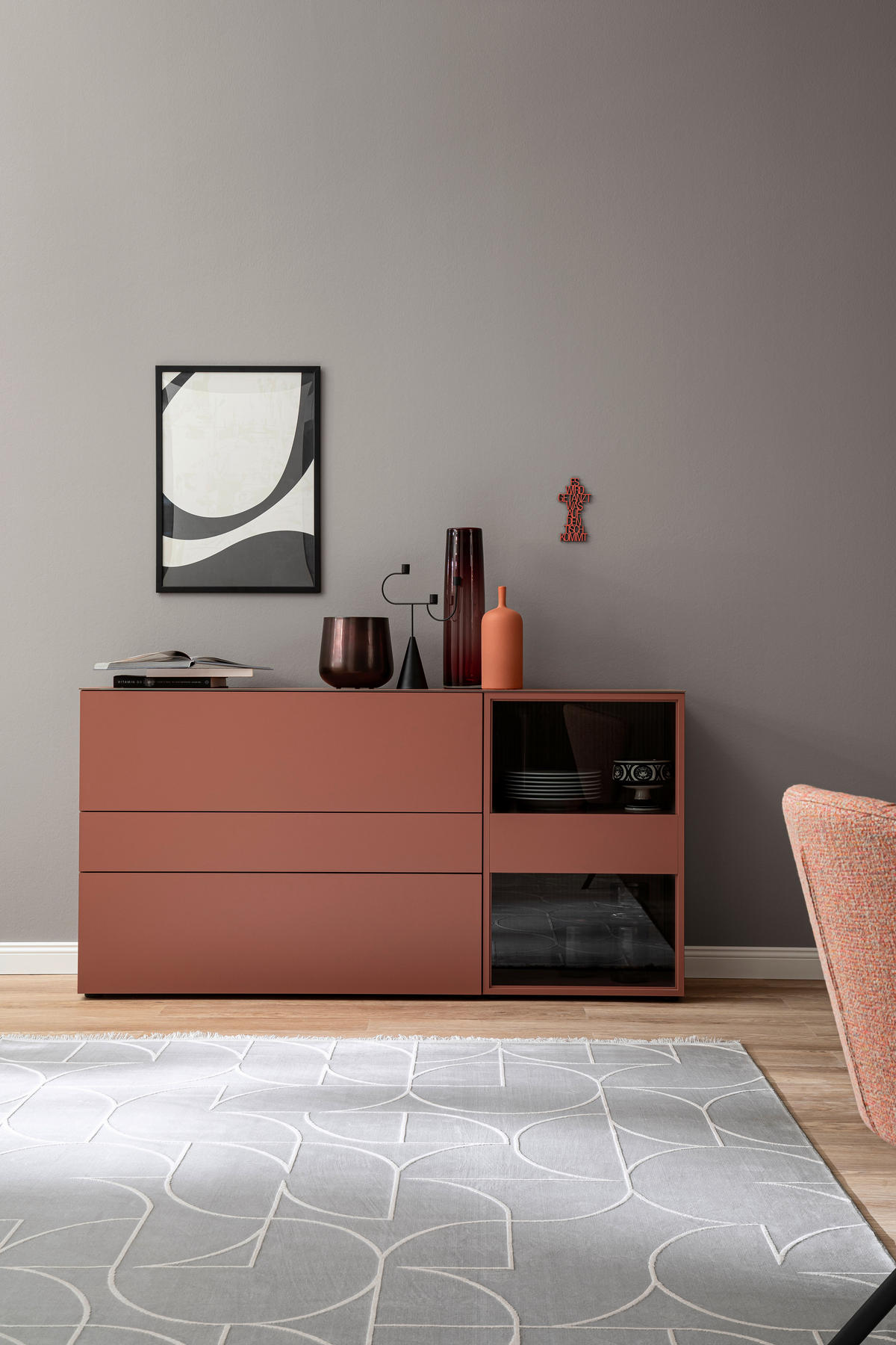 SIDEBOARD Rot, Eichefarben  180/92,4/45 cm  - Eichefarben/Rot, Design, Glas/Holz (180/92,4/45cm) - Schöner Wohnen