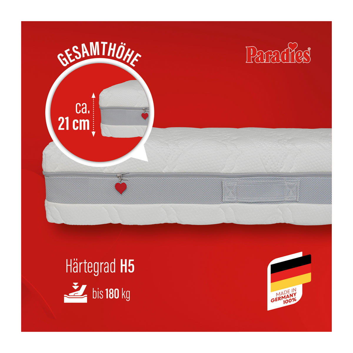 TASCHENFEDERKERNMATRATZE 160/200 cm, Höhe ca.: 21 cm, H5 = hart, 7-Zonen - Weiß, KONVENTIONELL, Textil (160/200cm) - Paradies
