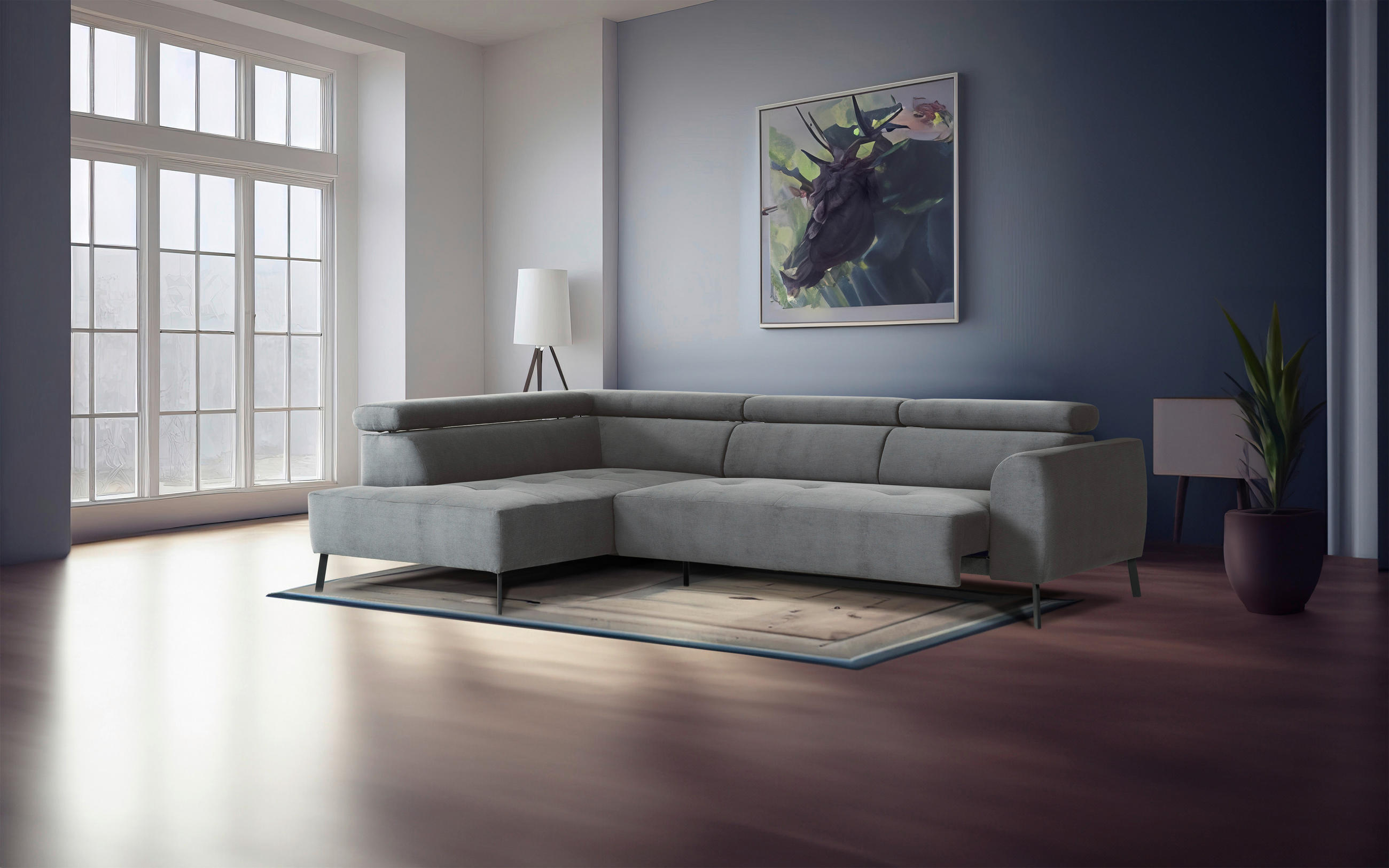 ECKSOFA in Feincord Hellgrau  - Hellgrau/Schwarz, Design, Textil/Metall (205/280cm) - MID.YOU