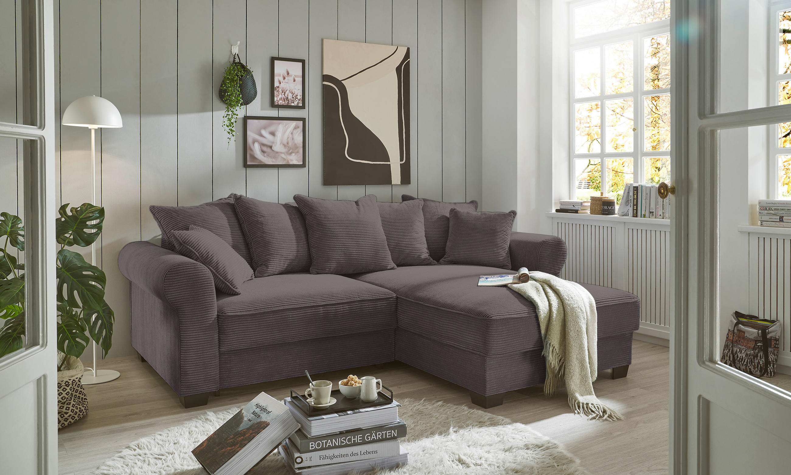 ECKSOFA in Cord Dunkelgrau  - Dunkelgrau/Schwarz, Konventionell, Kunststoff/Textil (255/185cm) - MID.YOU