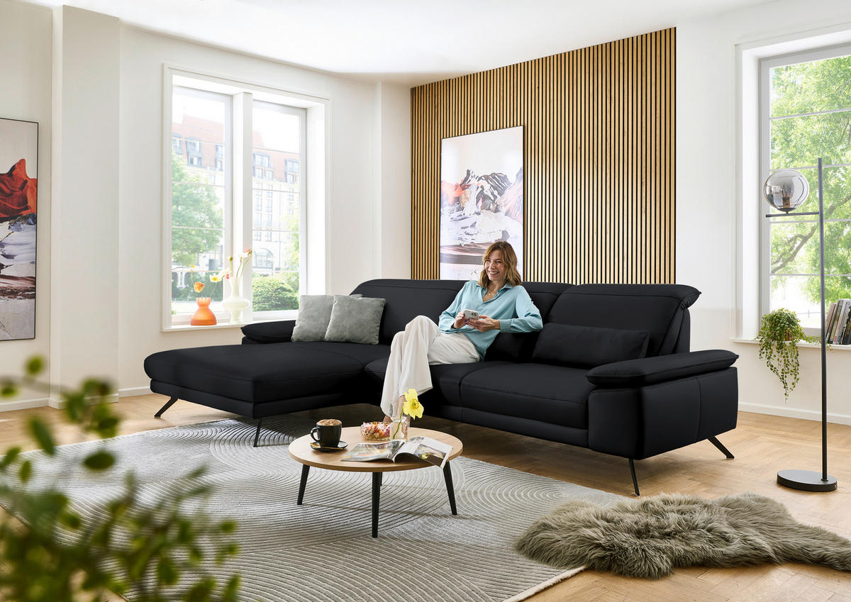 ECKSOFA in Echtleder Anthrazit  - Anthrazit/Schwarz, Design, Leder/Metall (193/332cm) - Dieter Knoll
