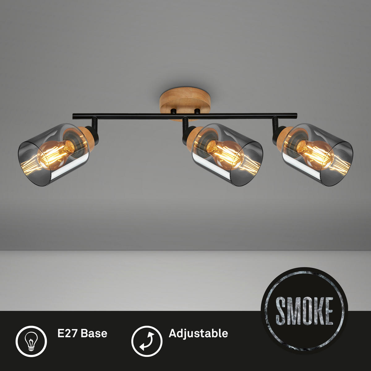 DECKENSPOTS 47/11/24 cm   - Eichefarben/Schwarz, Design, Glas/Holz (47/11/24cm)