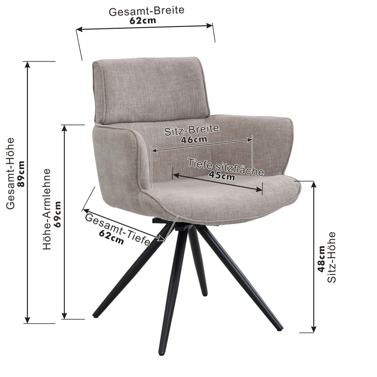 ARMLEHNSTUHL  in Eisen Webstoff  - Taupe/Schwarz, KONVENTIONELL, Textil/Metall (62/89/62cm) - Livetastic