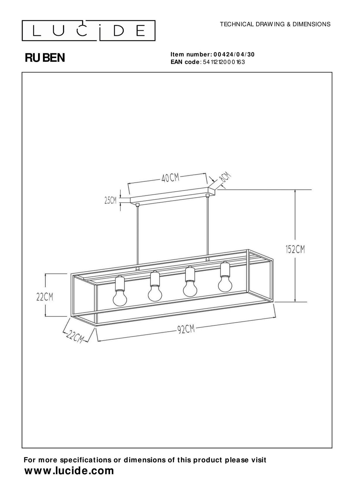 HÄNGELEUCHTE Ruben 92/22/150 cm   - Schwarz, Basics, Metall (92/22/150cm) - Lucide