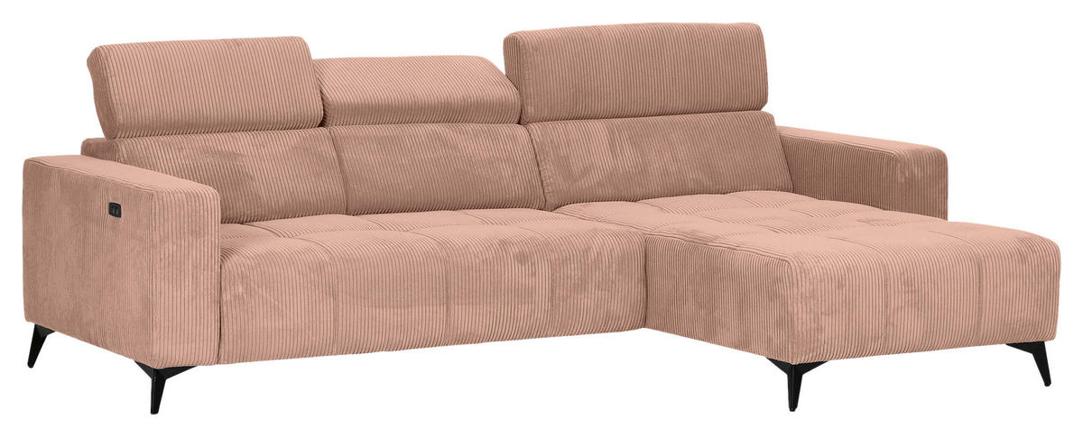 ECKSOFA Altrosa Cord Rücken echt, Kopfteilverstellung, Sitzvorzug  - Schwarz/Altrosa, KONVENTIONELL, Textil/Metall (257/170cm) - Carryhome