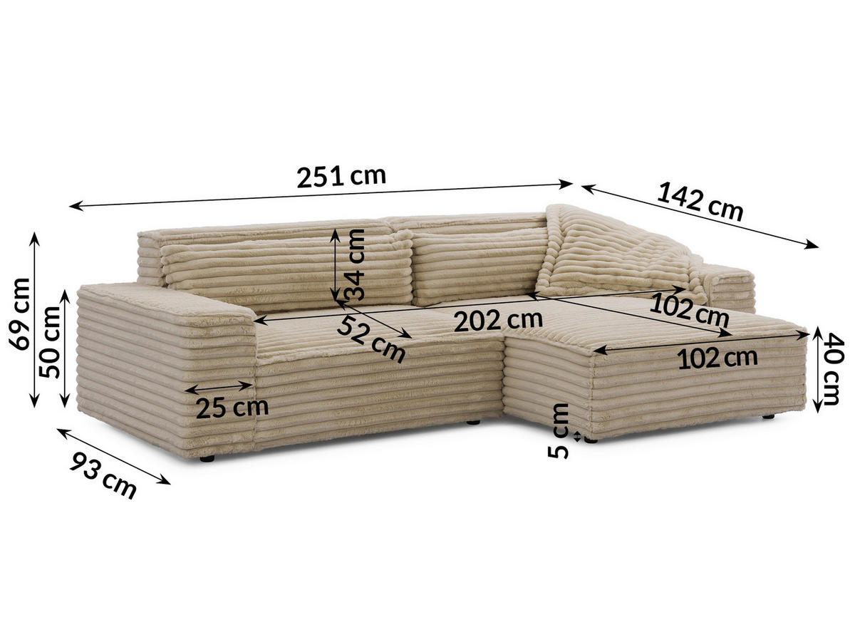 ECKSOFA Curduroy in Cord Hellbraun Rückenkissen  251/142 cm  - Hellbraun/Schwarz, Design, Kunststoff/Textil (251/142cm) - P & B