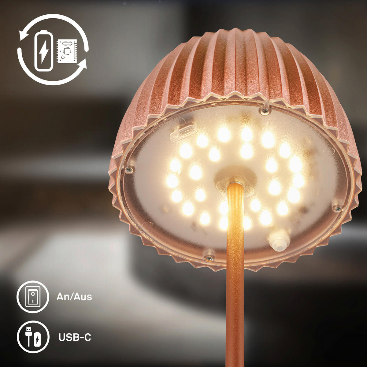 AKKU-TISCHLEUCHTE 14,5/36,5 cm  - Kupferfarben, Basics, Kunststoff/Metall (14,5/36,5cm)