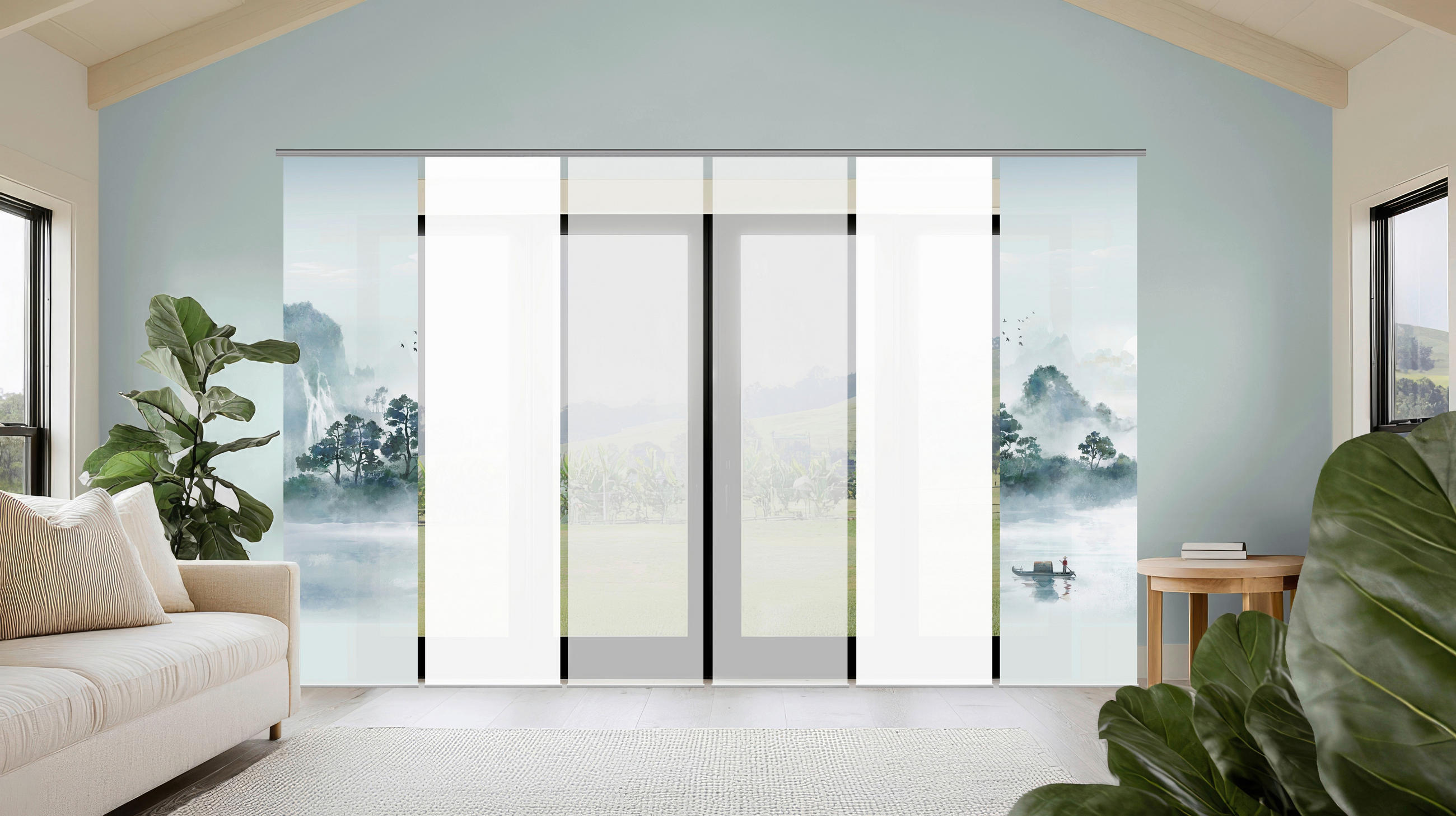 Thumbnail - Flächenvorhang Vitnam, Grün, Weiß, Graublau, Textil, Graphik, 60x245 cm, Oeko-Tex® Standard 100, mit Beschwerungsstab, F...