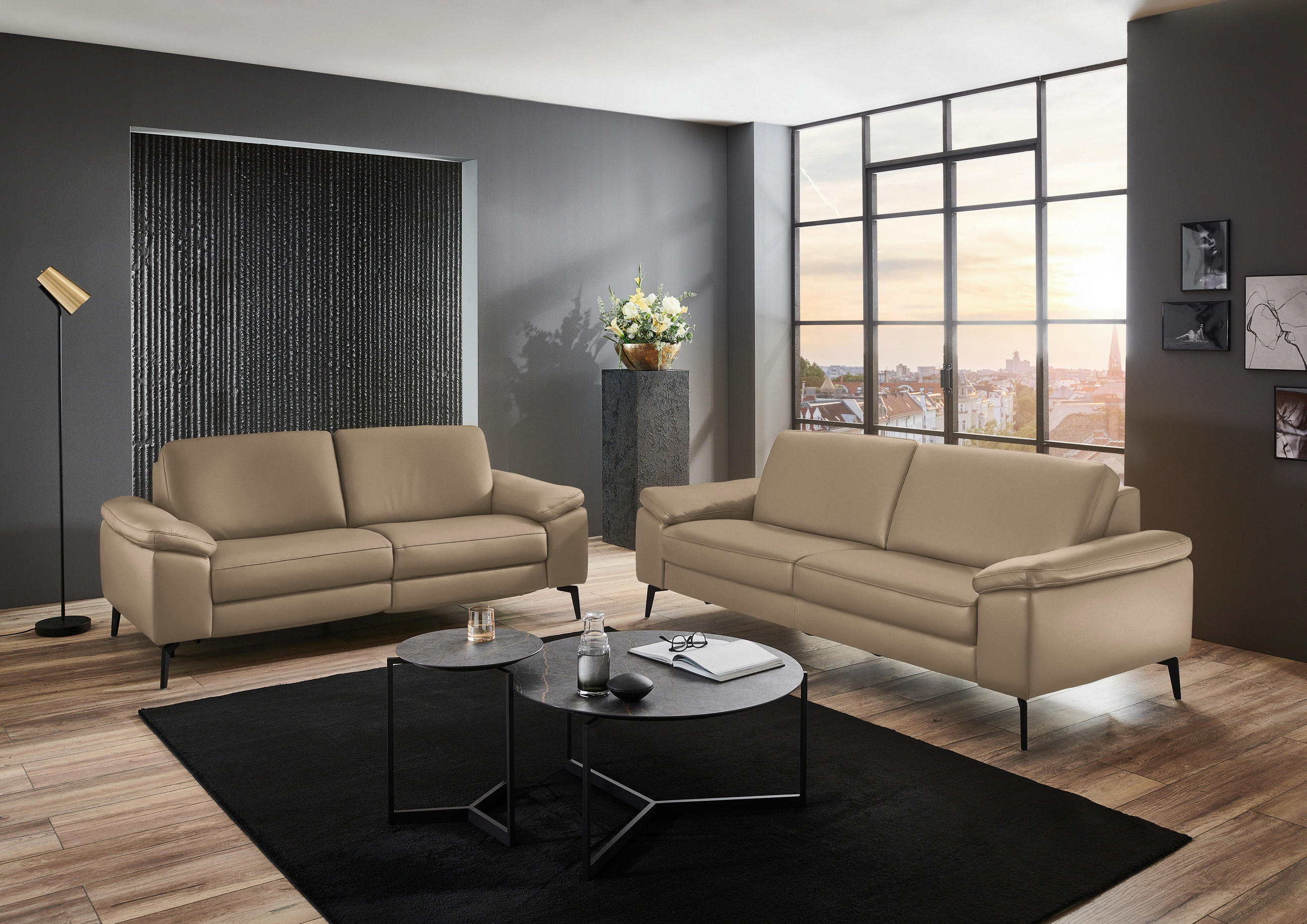 3-SITZER-SOFA in Leder Beige  - Beige/Schwarz, Design, Leder/Metall (224/88/100cm) - Valdera