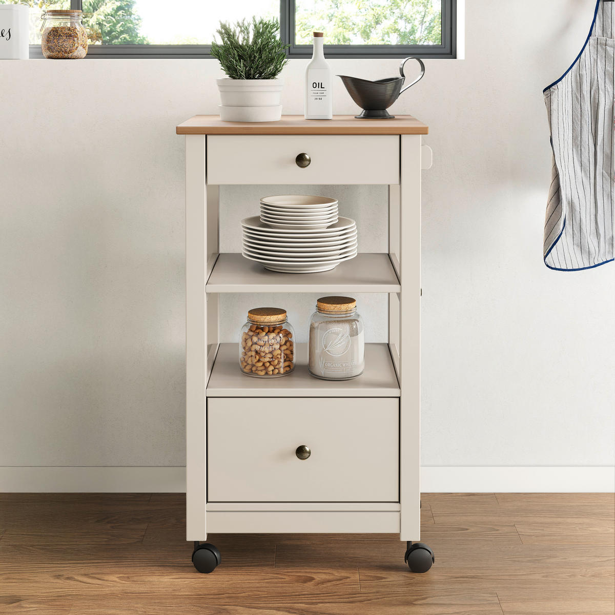 SERVIERWAGEN Pinie massiv Braun, Beige  - Beige/Zinkfarben, MODERN, Holz/Kunststoff (50/90,6/40cm) - Livetastic