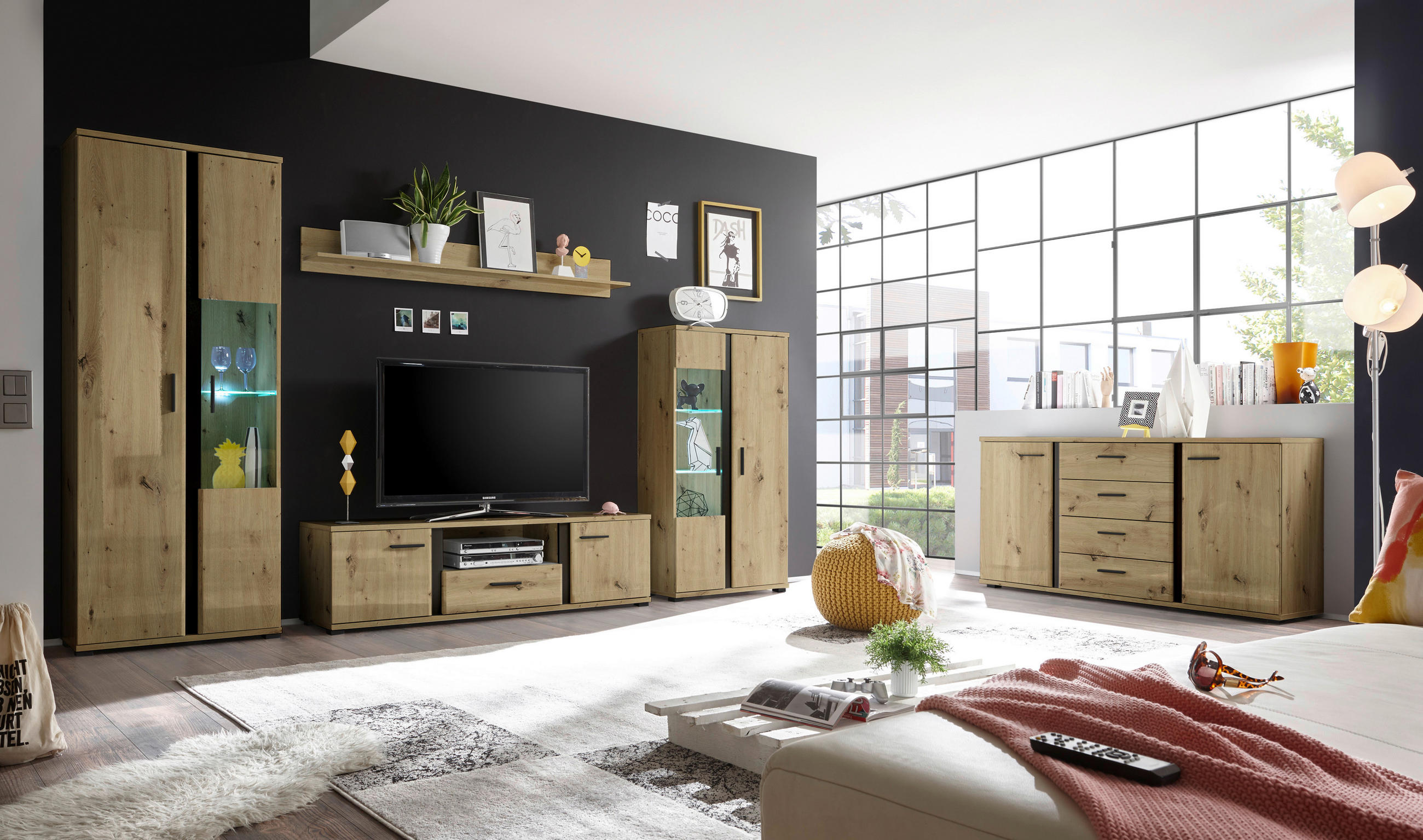 WOHNWAND  in Schwarz, Eichefarben   - Eichefarben/Anthrazit, Design, Glas/Holzwerkstoff - MID.YOU