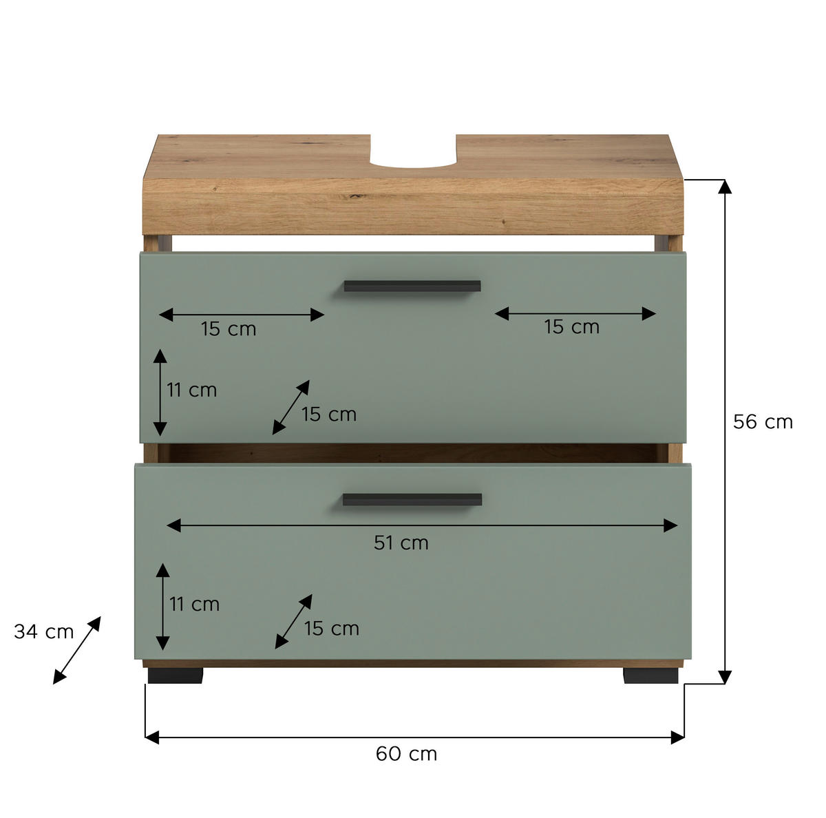 WASCHBECKENUNTERSCHRANK 60/56/37 cm  - Salbeigrün/Schwarz, MODERN, Holzwerkstoff/Kunststoff (60/56/37cm) - MID.YOU