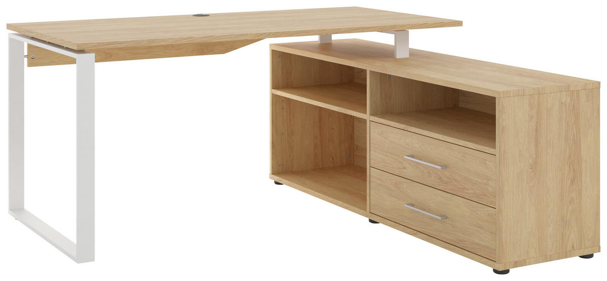 ECKSCHREIBTISCH 160/158/75 cm  in Hickory  - Alufarben/Weiß, Basics, Holzwerkstoff/Metall (160/158/75cm) - Novel