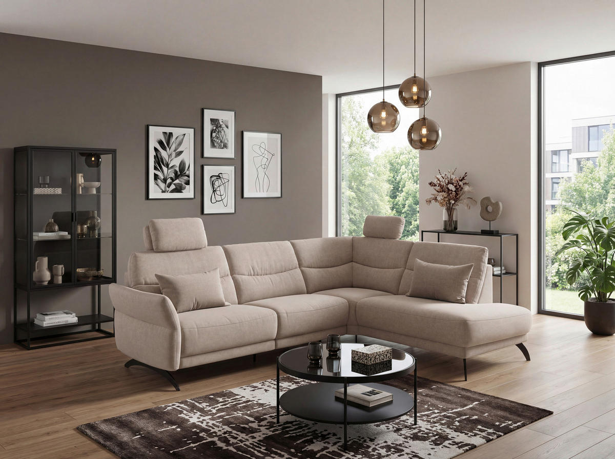 ECKSOFA Sandfarben Webstoff  - Sandfarben/Schwarz, KONVENTIONELL, Textil/Metall (263/201cm) - Pure Home Comfort