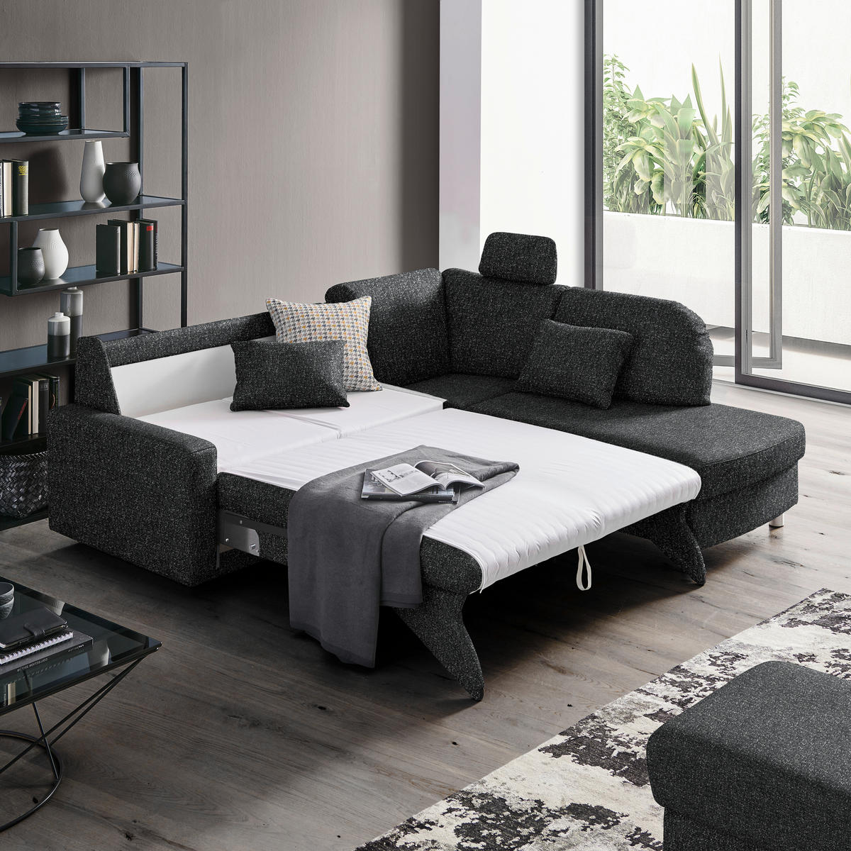 ECKSOFA  in Mikrovelours Anthrazit  227/208 cm  - Anthrazit/Alufarben, KONVENTIONELL, Textil/Metall (227/208cm) - Sedda