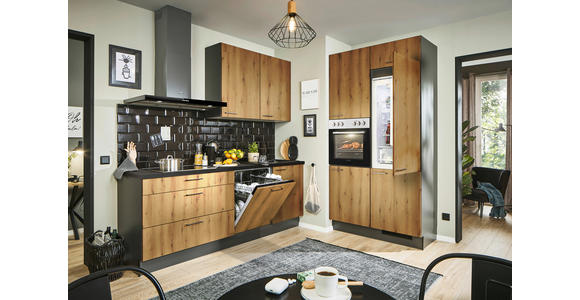 ECKKÜCHE 220/120 cm  in Graphitfarben, Schwarz, Eiche Wotan  - Eiche Wotan/Schwarz, Design, Holzwerkstoff/Metall (220/120cm) - Xora