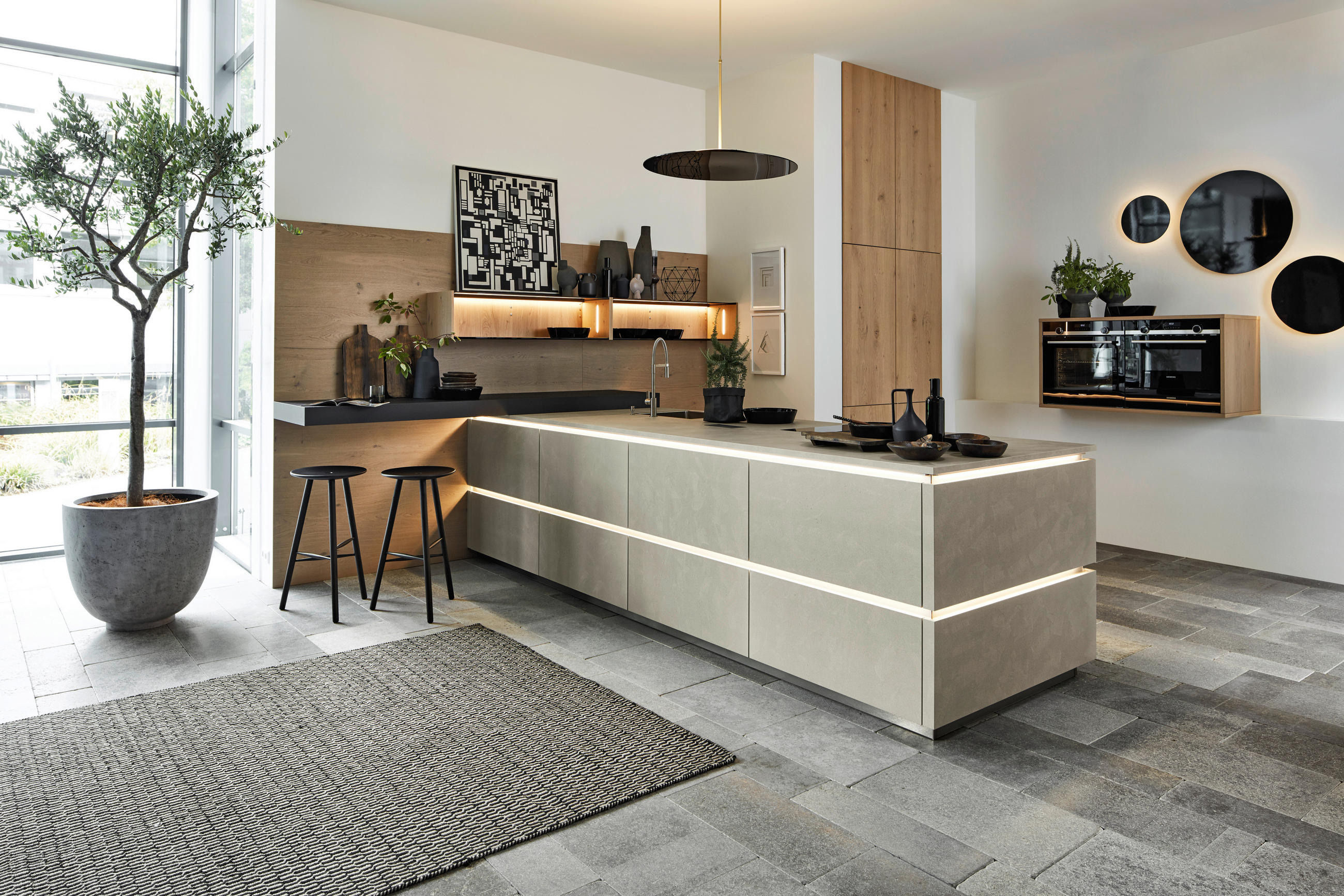 EINBAUKÜCHE   - Eichefarben/Grau, Design, Holzwerkstoff/Stein - Dieter Knoll