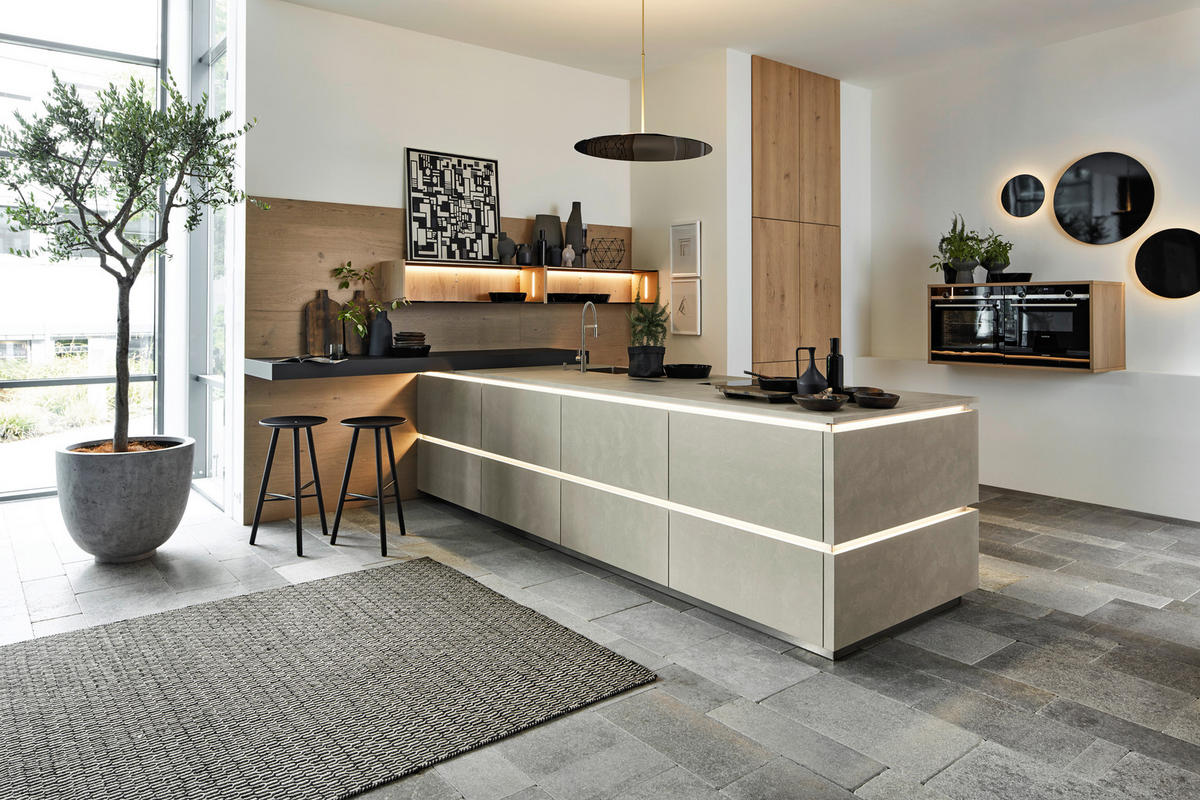 EINBAUKÜCHE   - Eichefarben/Grau, Design, Holzwerkstoff/Stein - Dieter Knoll