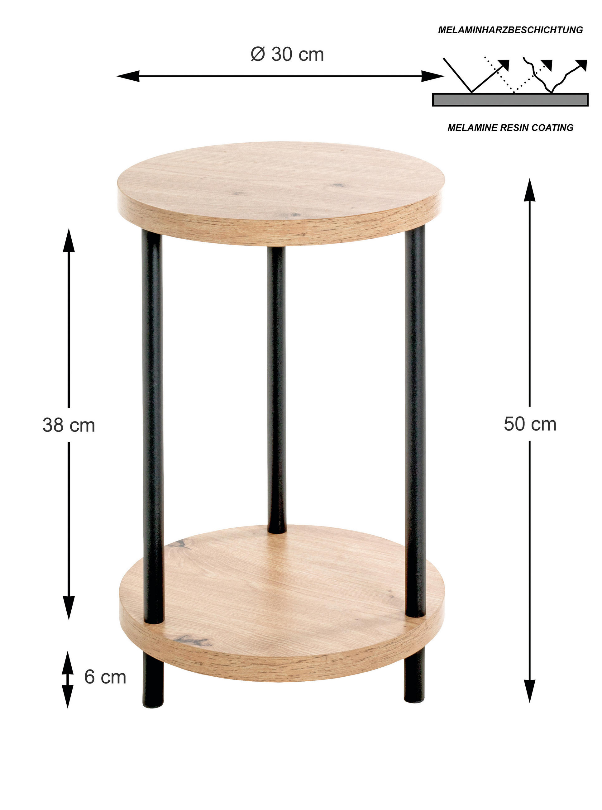 BEISTELLTISCH 30/30/50 cm Schwarz, Eichefarben rund  - Eichefarben/Schwarz, Trend, Holzwerkstoff/Metall (30/30/50cm)
