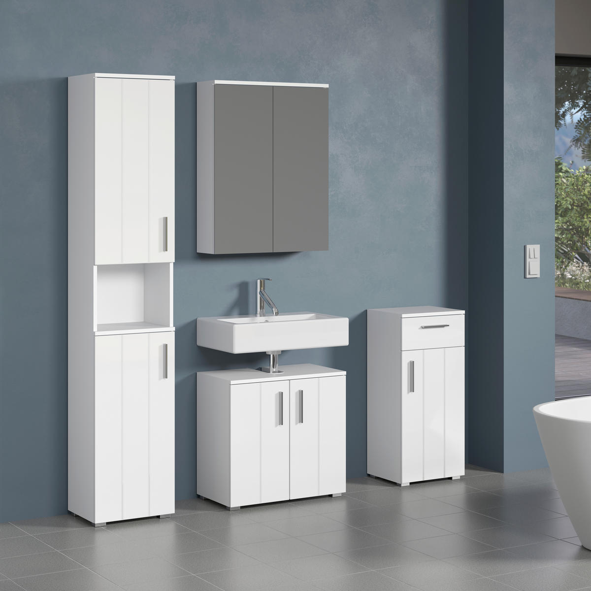 BADEZIMMER 4-teilig  in 164 cm  - Weiß Hochglanz/Silberfarben, Trend, Glas/Holzwerkstoff (164cm) - MID.YOU