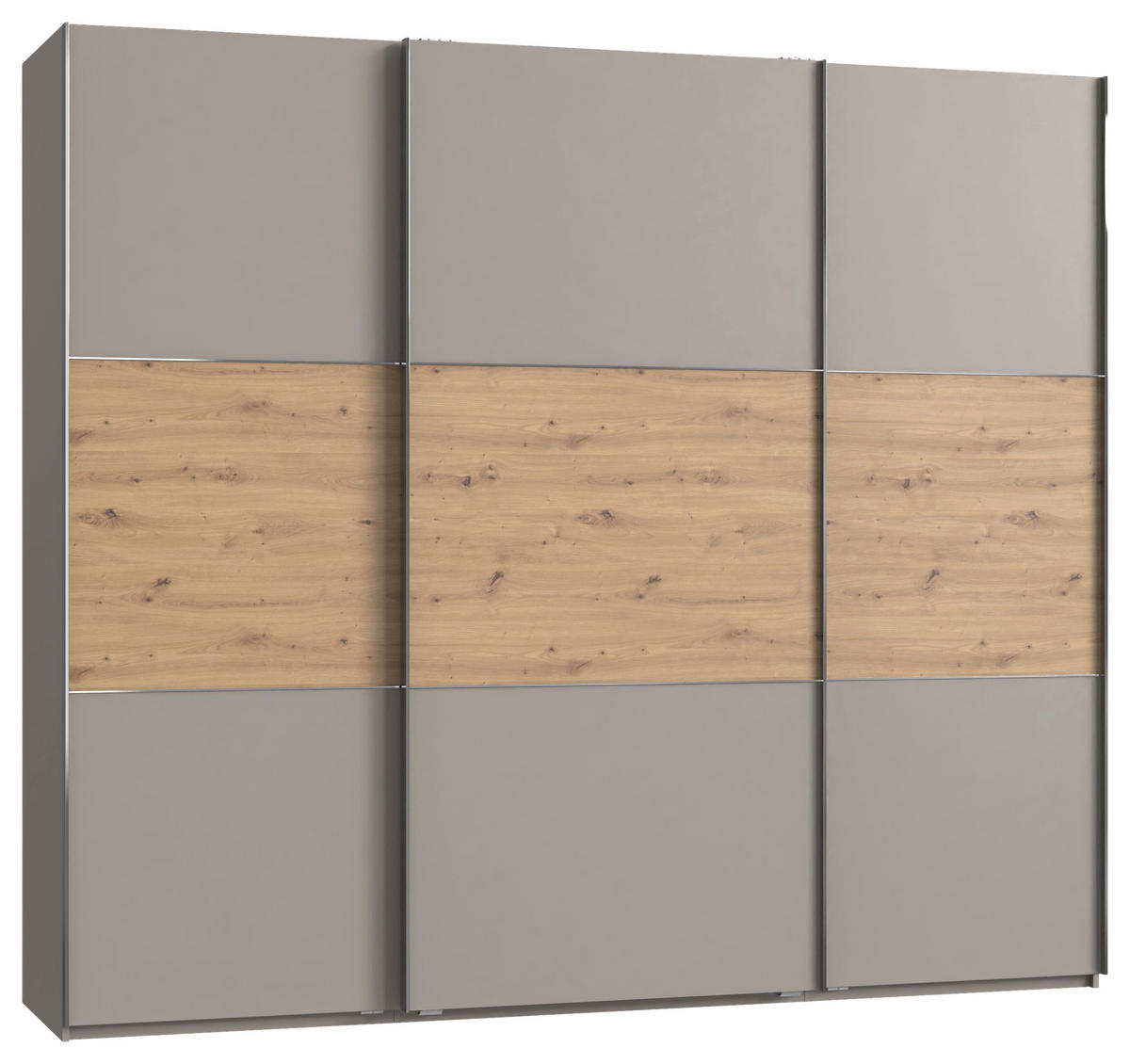 SCHWEBETÜRENSCHRANK 250/216/65 cm 3-türig Grau, Edelstahlfarben, Eiche Artisan  - Edelstahlfarben/Eiche Artisan, KONVENTIONELL, Holzwerkstoff/Metall (250/216/65cm) - Stylife