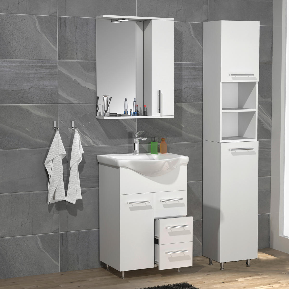 BADEZIMMER 4-teilig  in 85 cm  - Weiss/Silberfarben, Modern, Glas/Keramik (85cm) - MID.YOU