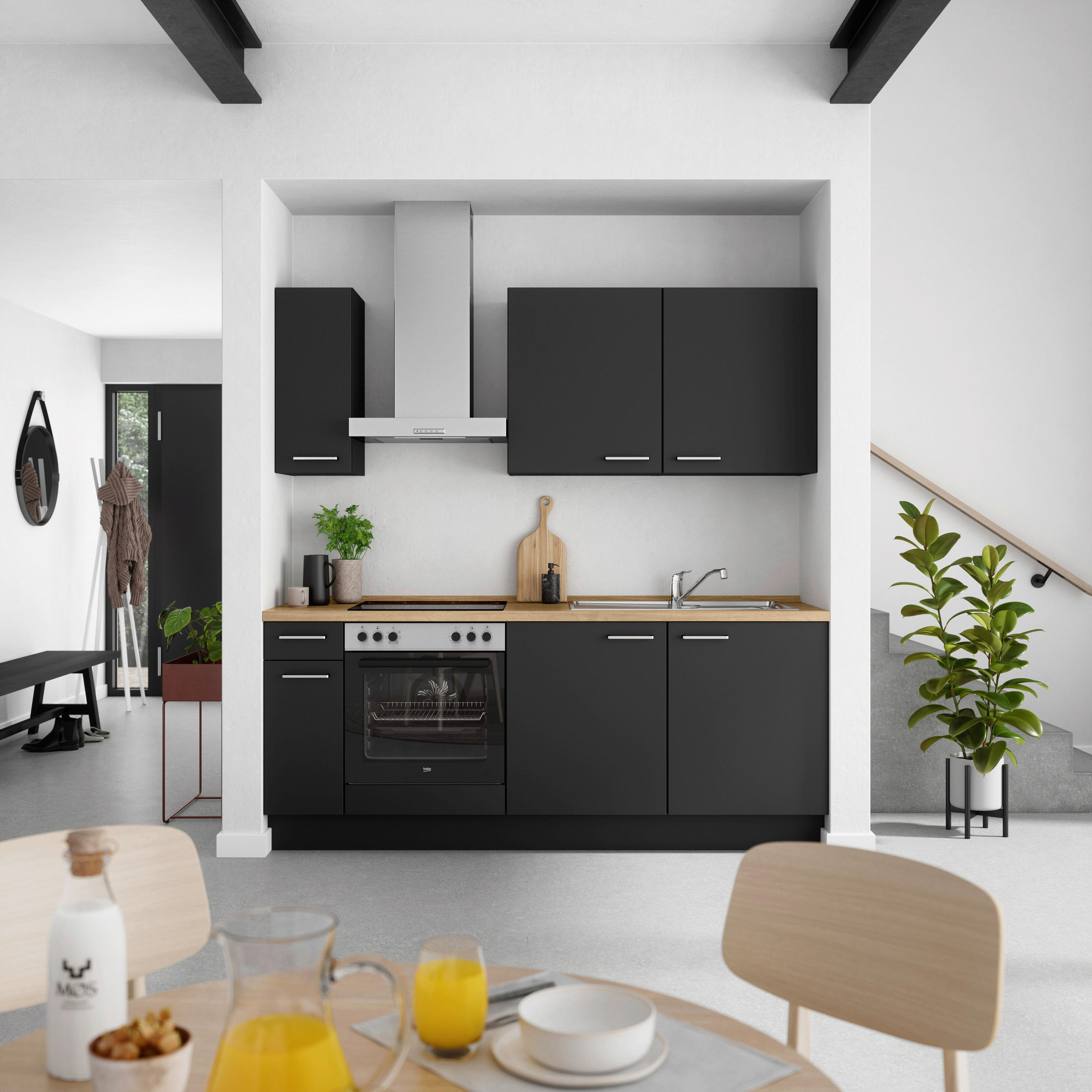 KÜCHENBLOCK Touch 210 cm  in Schwarz, Eichefarben  - Edelstahlfarben/Eichefarben, MODERN, Holzwerkstoff/Metall (210cm) - Nobilia