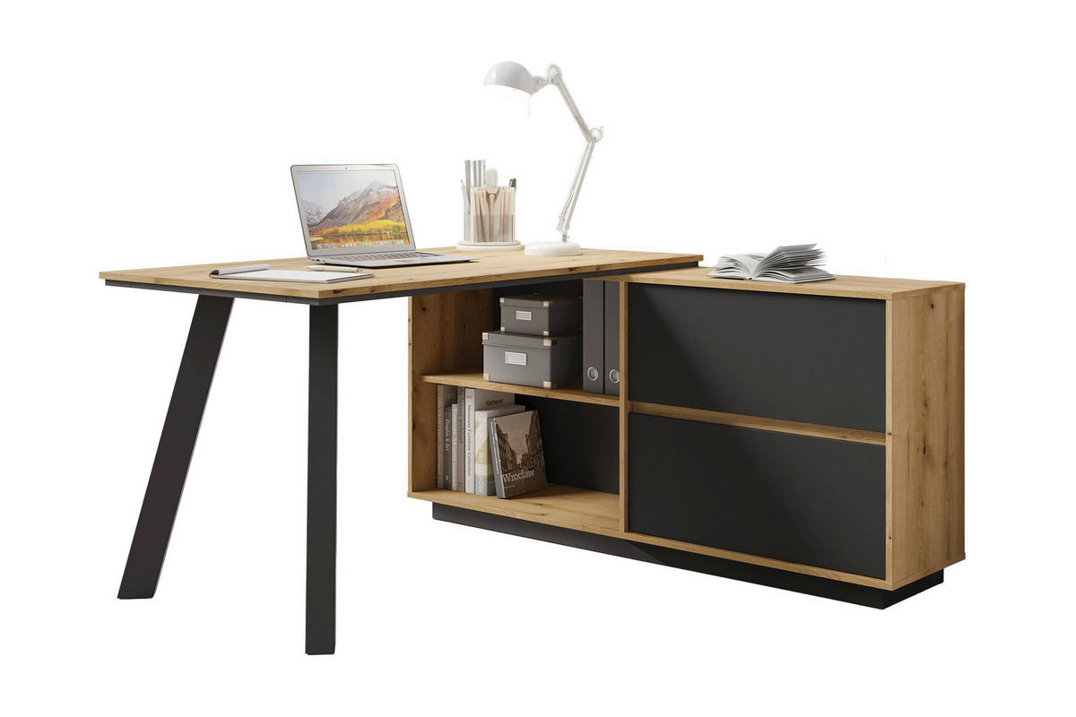 SCHREIBTISCH 138/150/75,4 cm Eichefarben   - Eichefarben/Schwarz, Modern, Holzwerkstoff (138/150/75,4cm) - MID.YOU