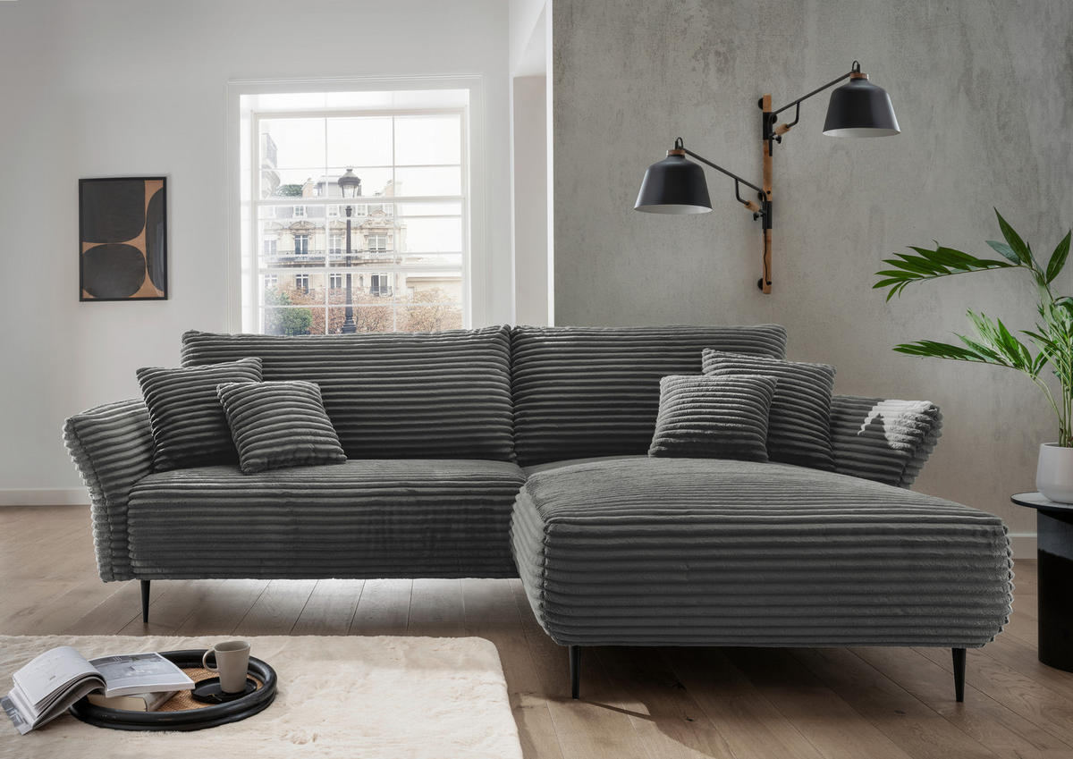 ECKSOFA in Cord Anthrazit  - Anthrazit/Schwarz, Design, Textil/Metall (178/264-302cm) - Livetastic