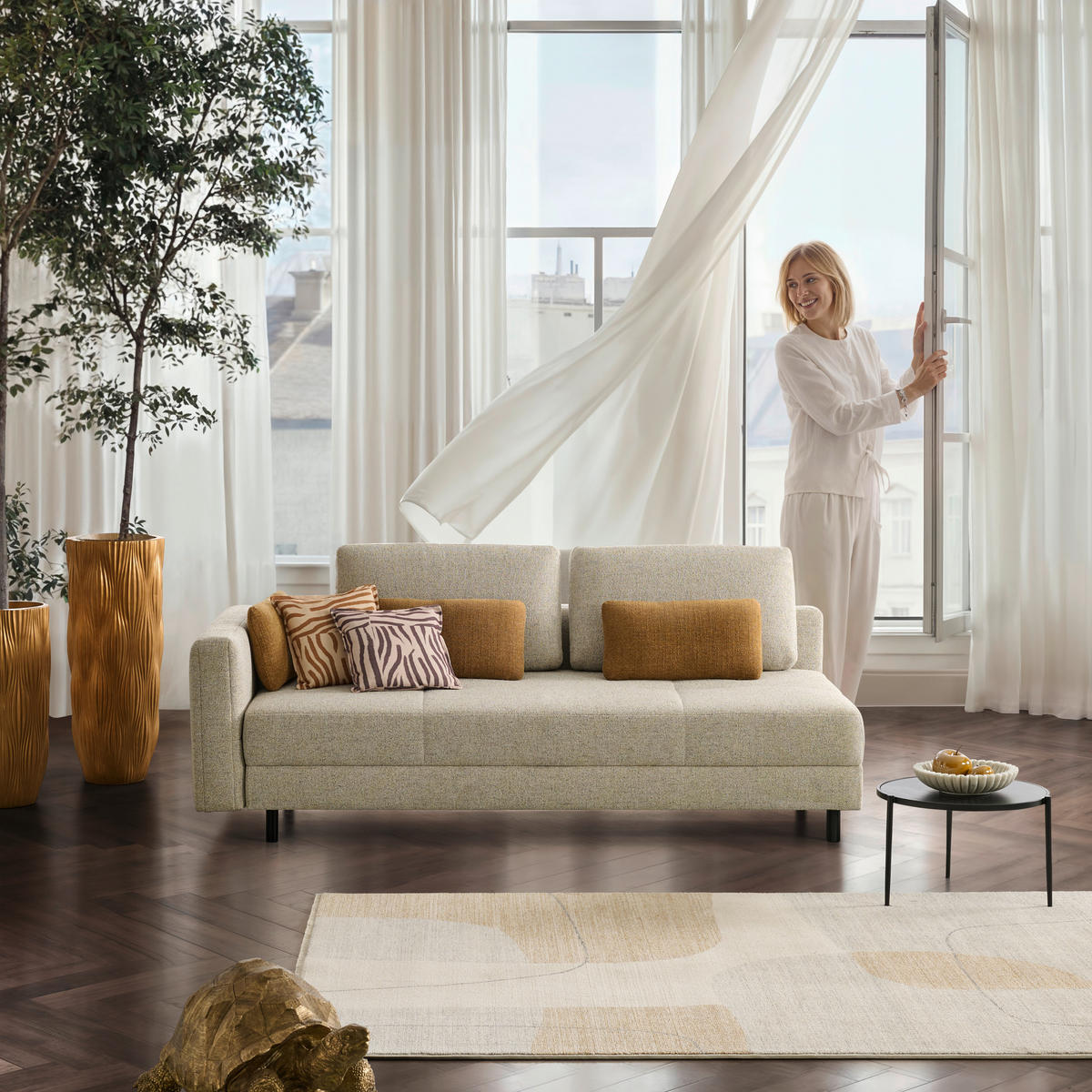 LIEGE  in Webstoff Creme  - Eiche dunkel/Creme, Design, Holz/Textil (217/92/107cm) - Joka