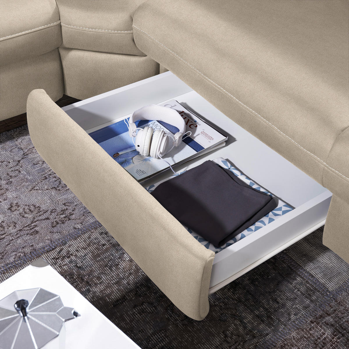ECKSOFA in Flachgewebe, Mikrofaser Beige  271/239 cm  - Beige/Alufarben, Design, Textil/Metall (271/239cm) - Cantus