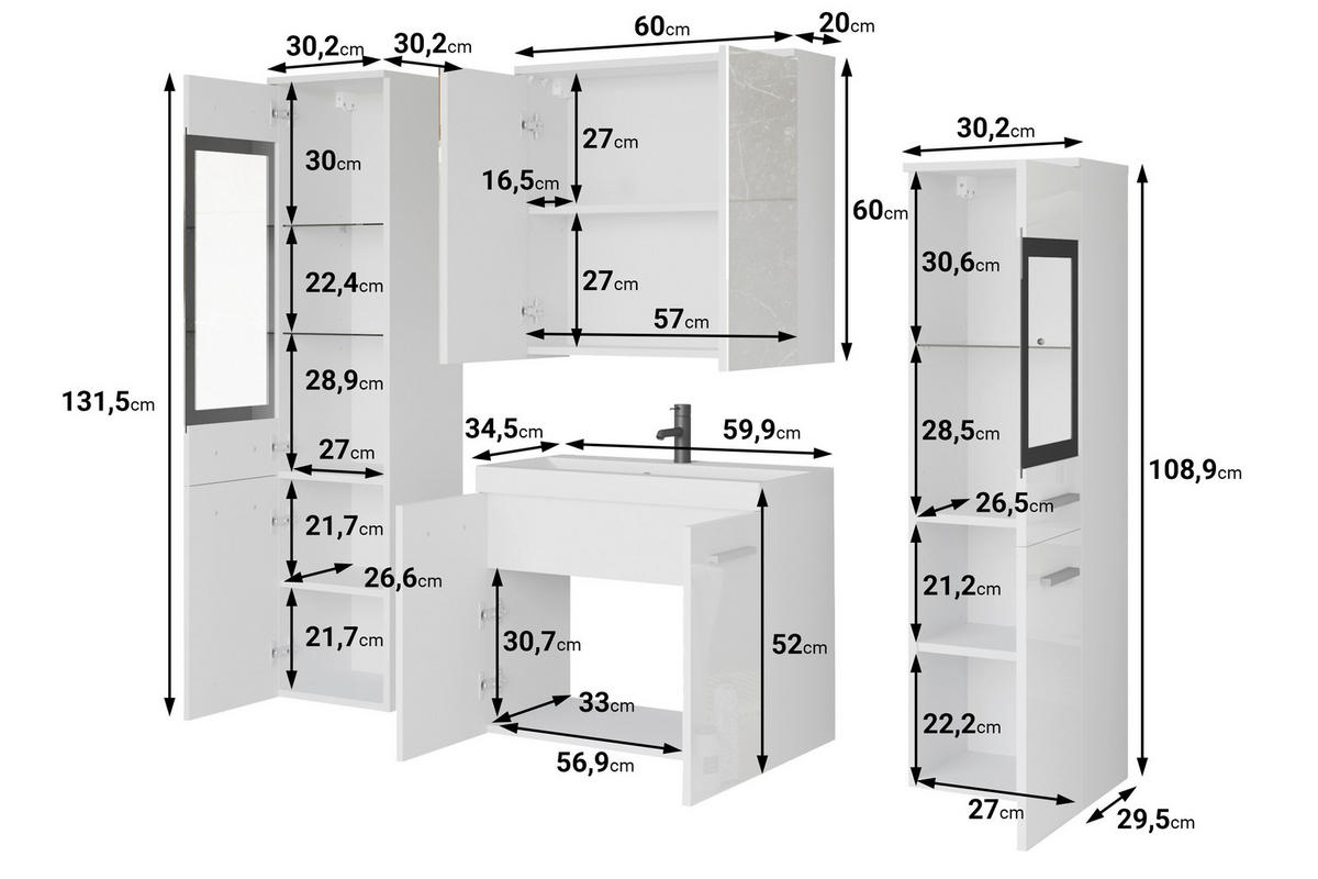 BADEZIMMER 5-teilig  in 120 cm  - Weiß Hochglanz/Weiß, Basics, Glas/Holzwerkstoff (120cm) - P & B