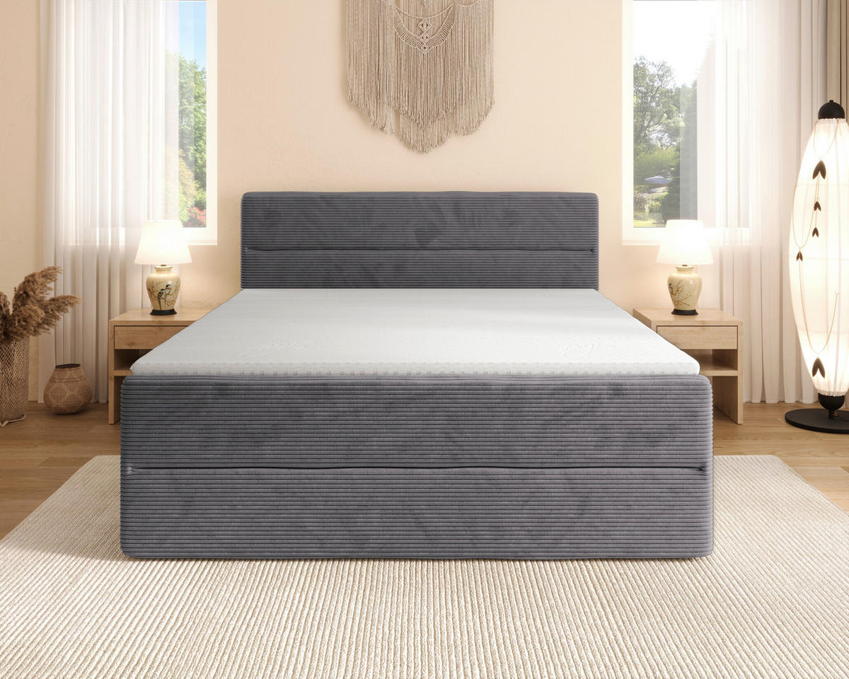 BOXSPRINGBETT 180/200 cm,  in Dunkelgrau, gepolstertes Kopfteil, Bettkasten, Topper, Matratzen, H2 + H3 = mittel + fest  - Dunkelgrau/Schwarz, KONVENTIONELL, Kunststoff/Textil (180/200cm) - Chameo