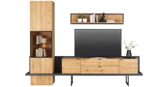 WOHNWAND Asteiche furniert, massiv, Hartholz Anthrazit, Eichefarben - Eichefarben/Anthrazit, KONVENTIONELL, Glas/Holz (278/202/47cm) - Linea Natura