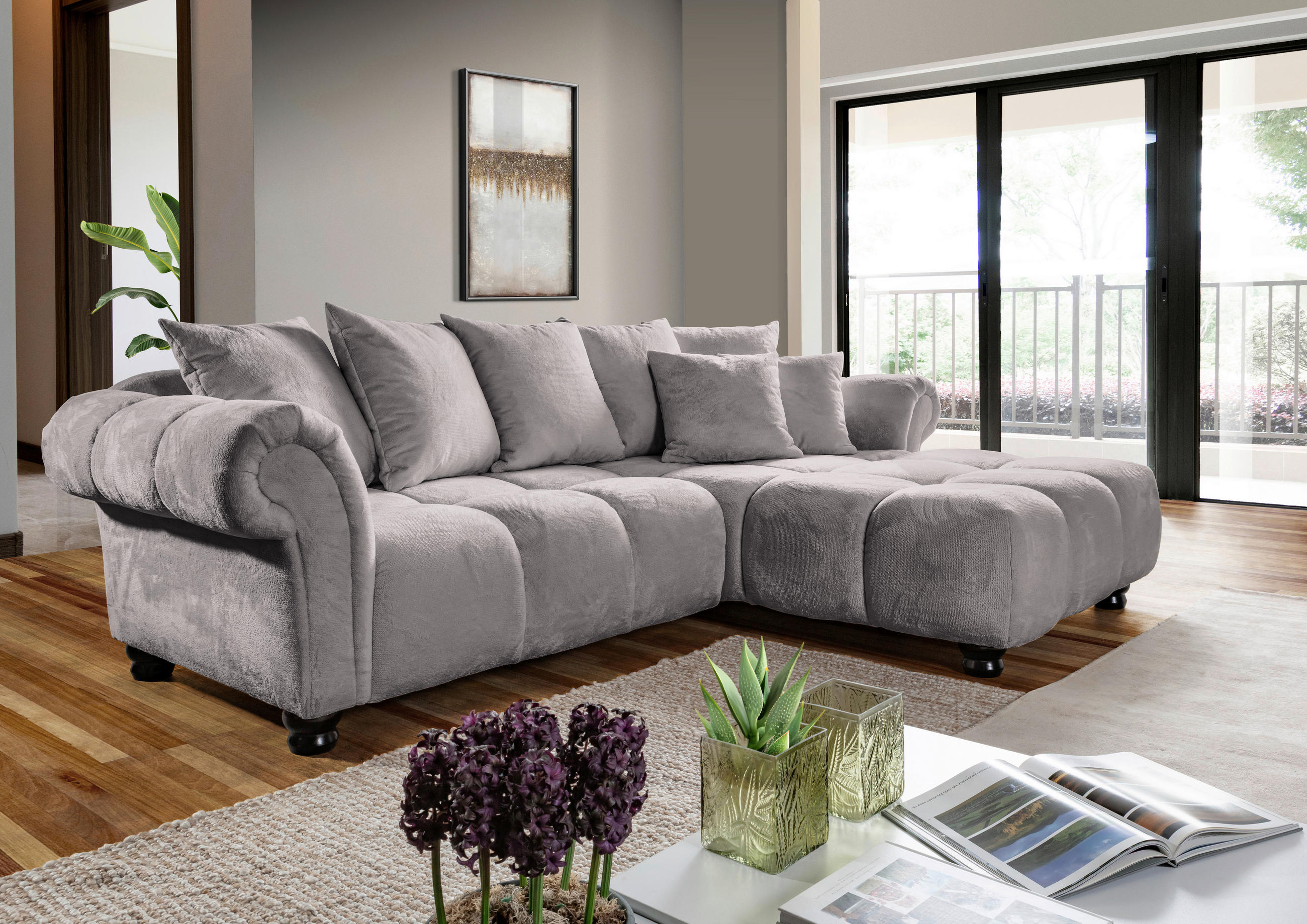 ECKSOFA Grau Plüsch  - Dunkelbraun/Grau, KONVENTIONELL, Holz/Textil (288/190cm) - Carryhome