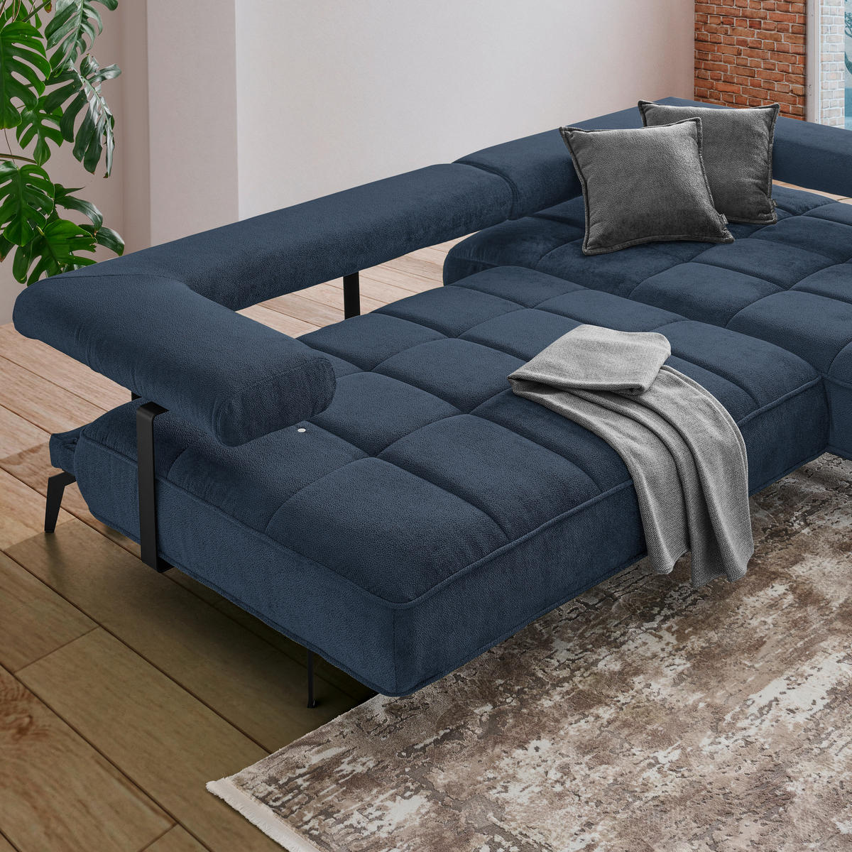 ECKSOFA Dunkelblau Webstoff  - Schwarz/Dunkelblau, Design, Textil/Metall (266/180cm) - Welnova